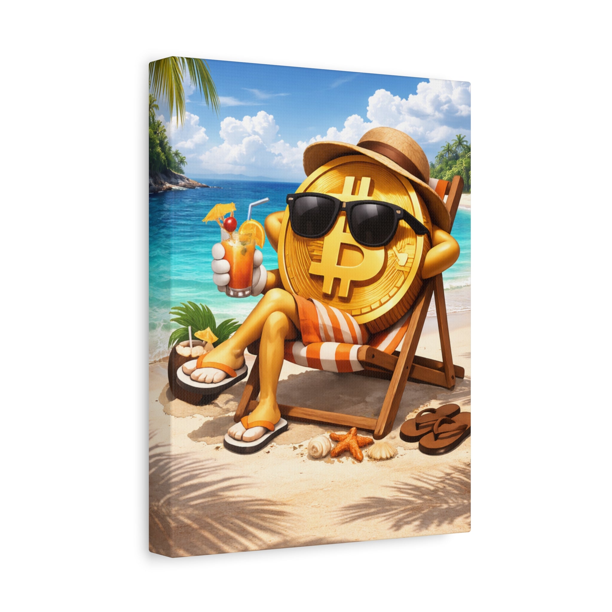 Relaxing Bitcoin Beach Canvas Wall Art Crypto Coastal Decor Luxury Bitcoin Artwork Modern Digital Currency Wall Art 9 x 12