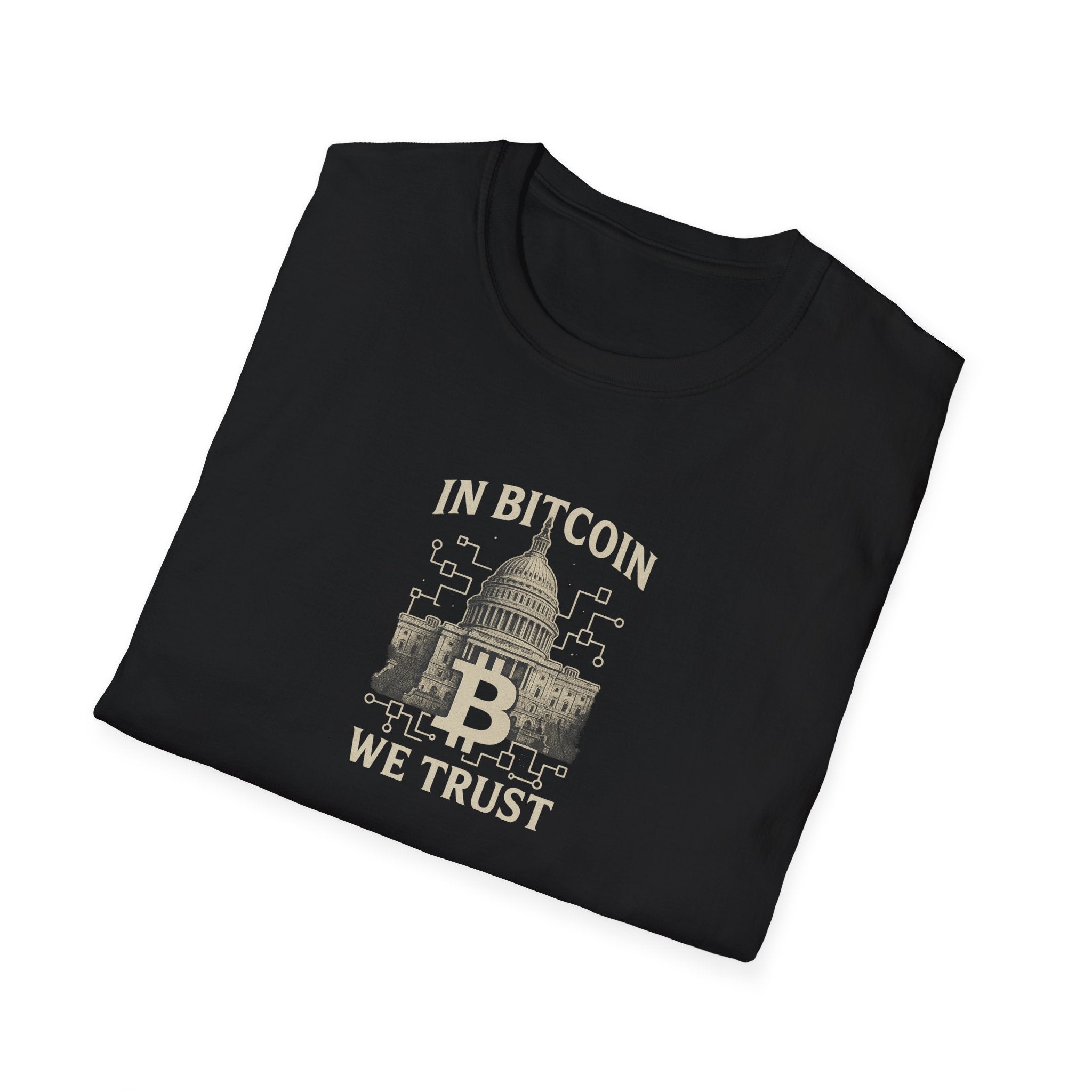 Sats and Stripes In Bitcoin We Trust Political Crypto T-Shirt Capitol Building & Blockchain Graphic Tee Black Folded