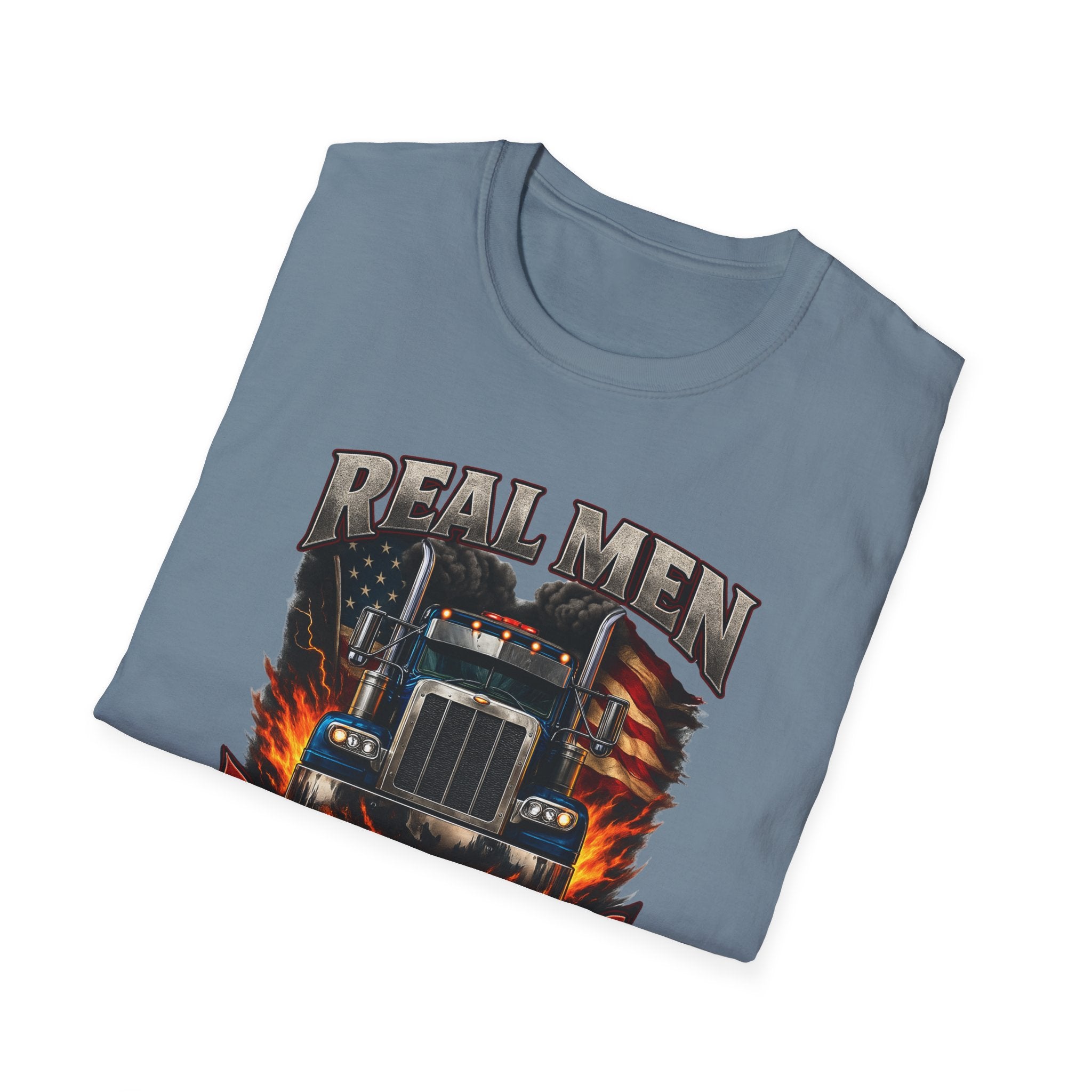 Real Men Drive Big Rigs Trucker T-Shirt Patriotisches Sattelschlepper T-Shirt für Trucker Lustiges Trucker Geschenk 4 Farben 100% Baumwolle