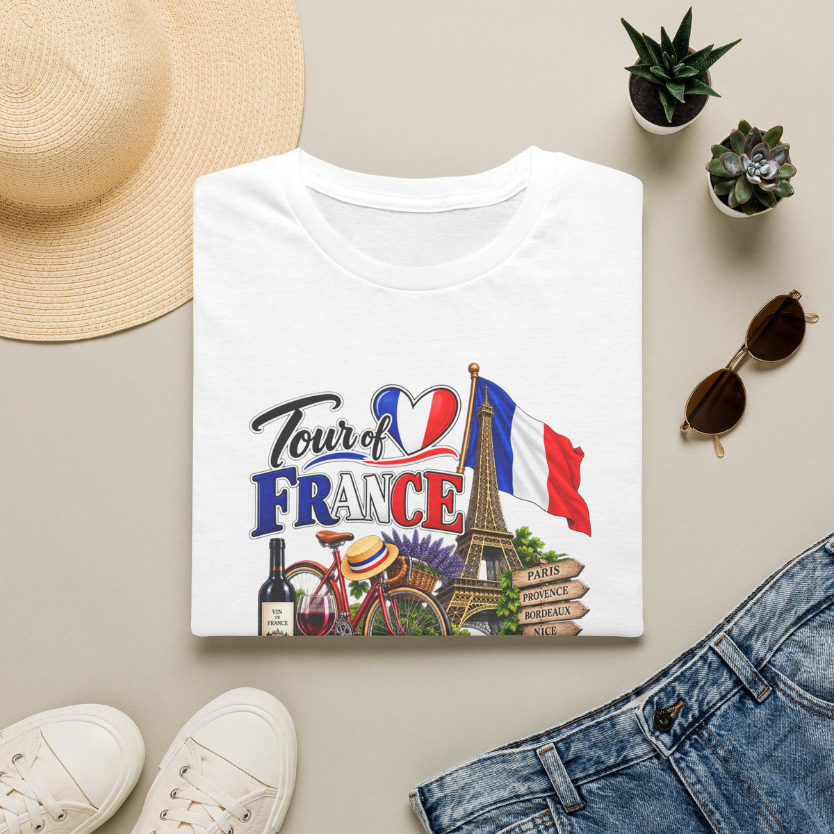 SatsandStripes.com Tour of France Softstyle® T-Shirt – Paris Eiffel Tower French Travel Graphic Tee White Folded