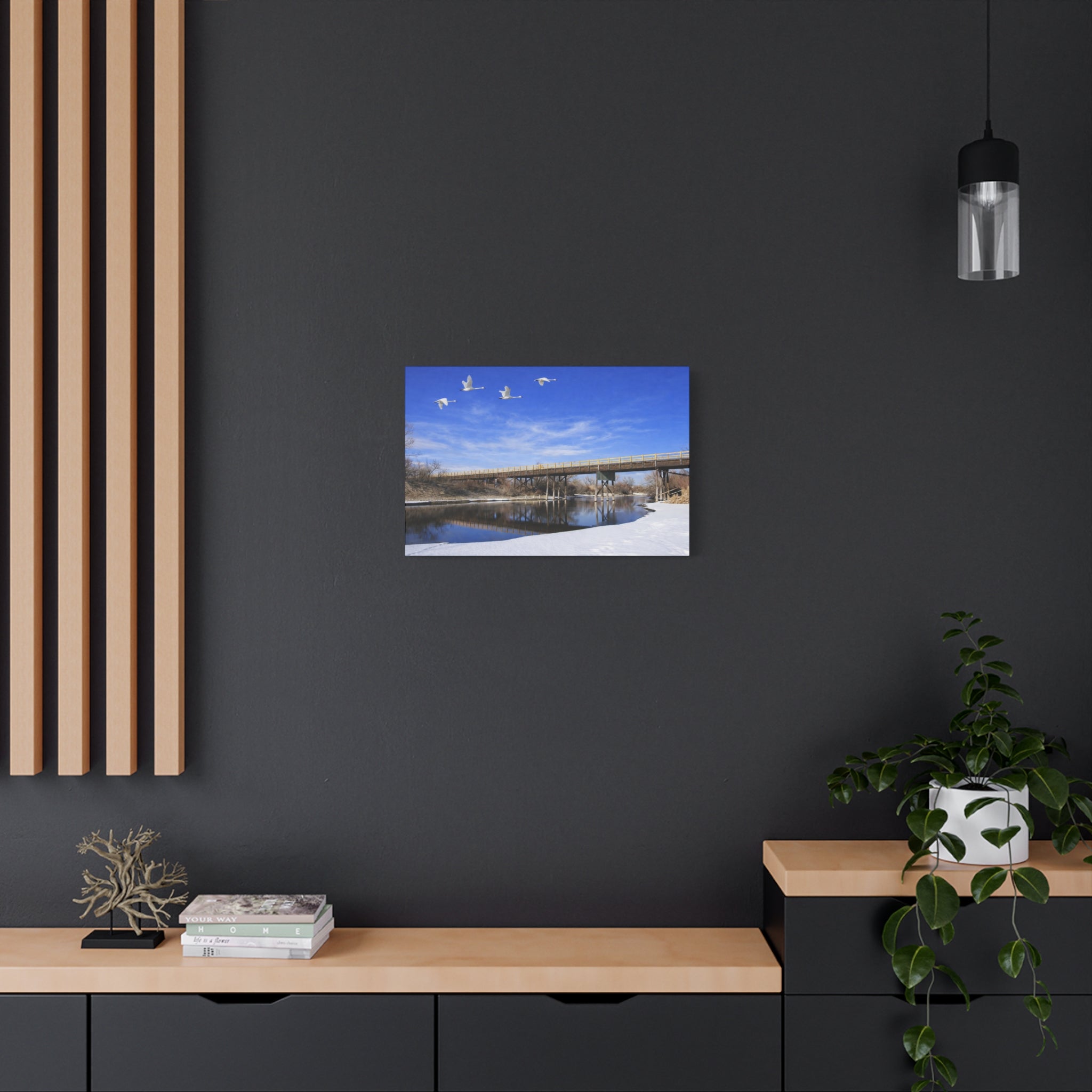 Jackson Bridge Matte Canvas, Stretched 1.25" - Scenic River & White Swans Wall Art - Customizable Nature Landscape Decor - 6 sizes