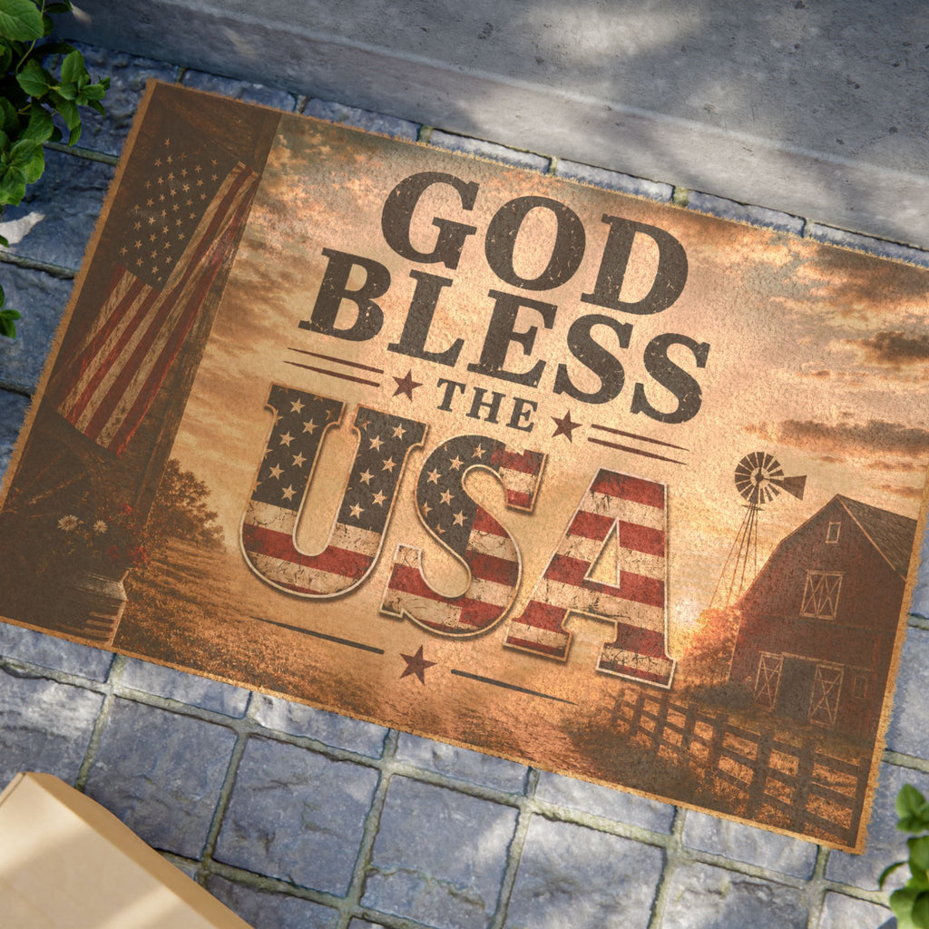 God Bless the USA Patriotic Coir Doormat Rustic American Flag Welcome Mat 24" x 16" Outdoor Entry Rug