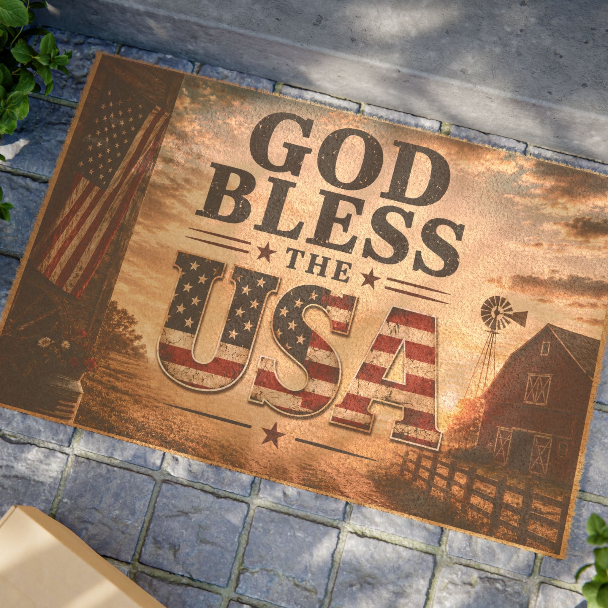 God Bless the USA Patriotic Coir Doormat Rustic American Flag Welcome Mat 24" x 16" Outdoor Entry Rug