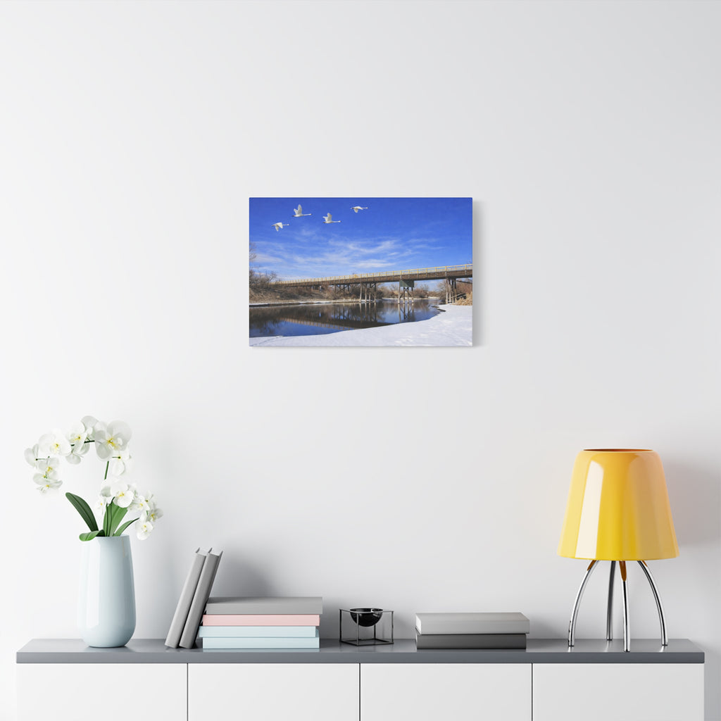 Jackson Bridge Matte Canvas, Stretched 1.25" - Scenic River & White Swans Wall Art - Customizable Nature Landscape Decor - 6 sizes