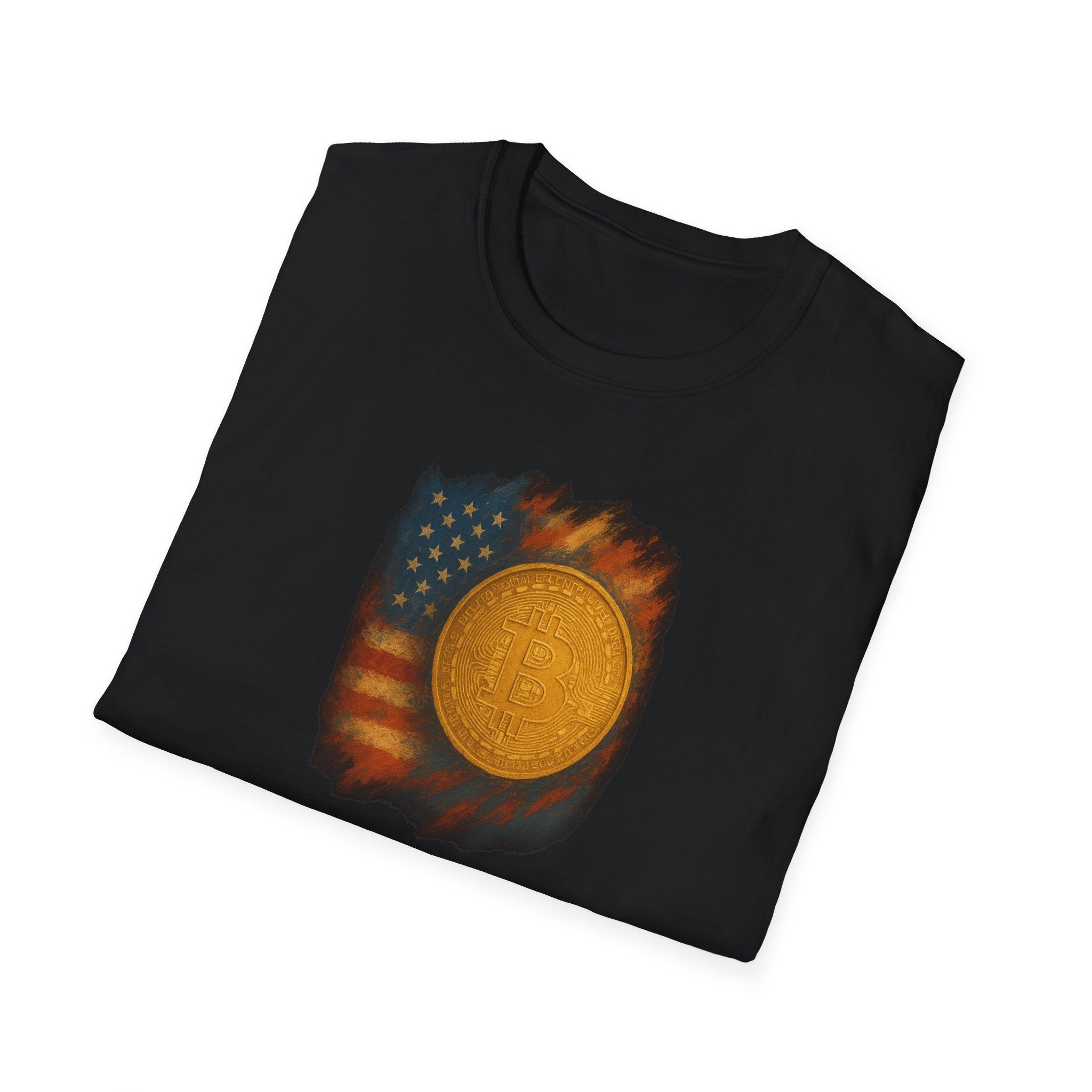Bitcoin Patriot Flag and Coin Tshirt BTC Crypto Art Tee 100% cotton