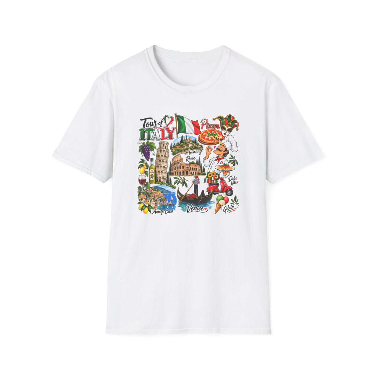 Tour of Italy Unisex T-Shirt – Italian Travel, Pizza, Venice & Rome Graphic Tee White