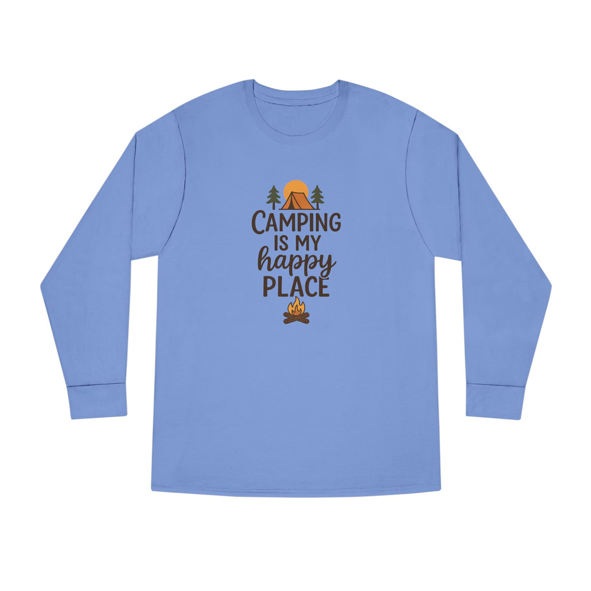 Camping Is My Happy Place Long Sleeve Tee Campfire Trees Sun Outdoor Shirt 4 colors 100% cotton