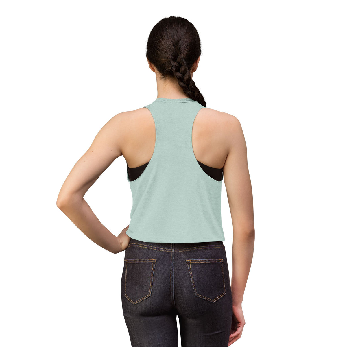 SatsandStripes.com Weights Before Dates Women’s Crop Top – Funny Gym Workout Tank Back View Dusty Blue