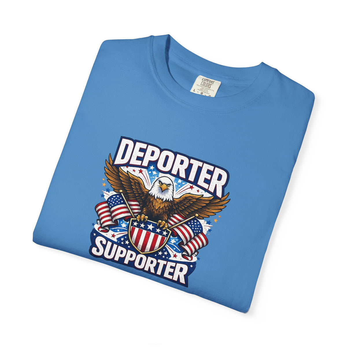 SatsandStripes.com Deporter Supporter Patriotic T-Shirt America First Eagle Tee Pro Border Apparel Gift for Patriots Blue Folded