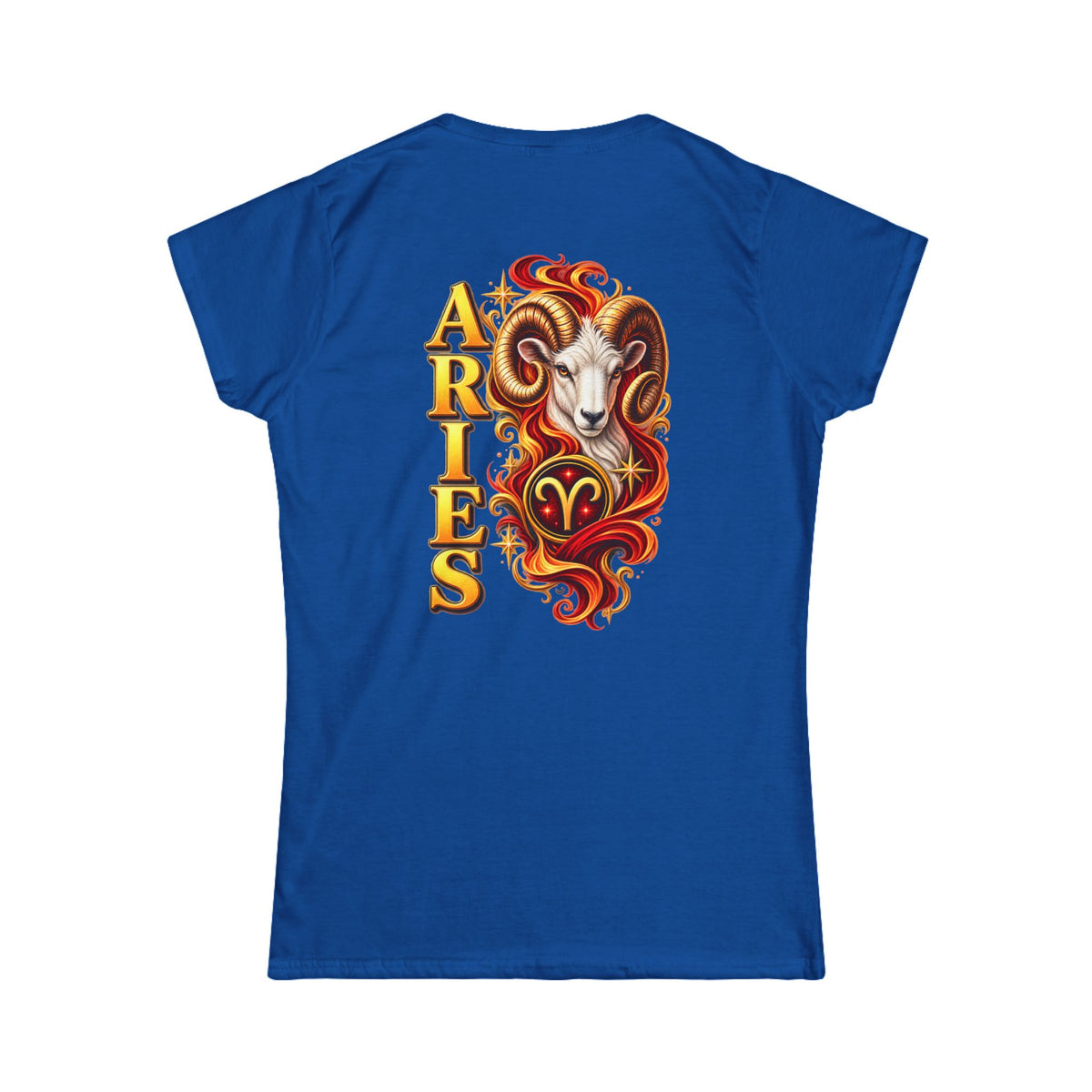 SatsandStripes.com Aries Zodiac Women’s SoftStyle T-Shirt – Bold Ram Back Print Astrology Tee Royal Blue