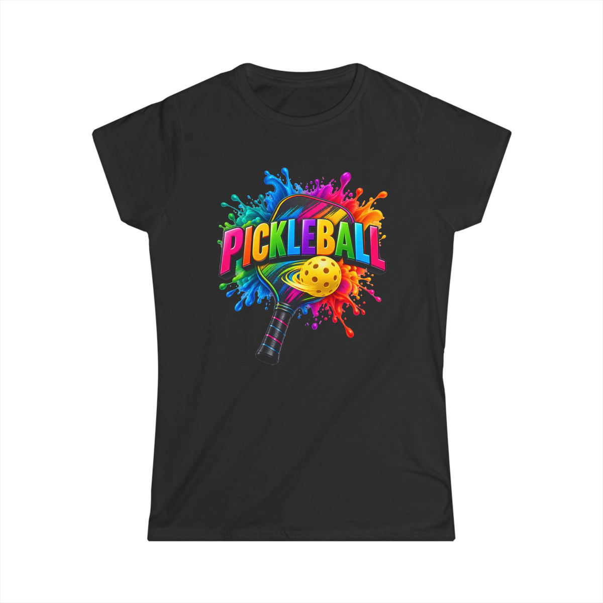 SatsandSripes.com Color Splash Pickleball Women’s SoftStyle T-Shirt – Bright Paddle & Ball Graphic Tee Black