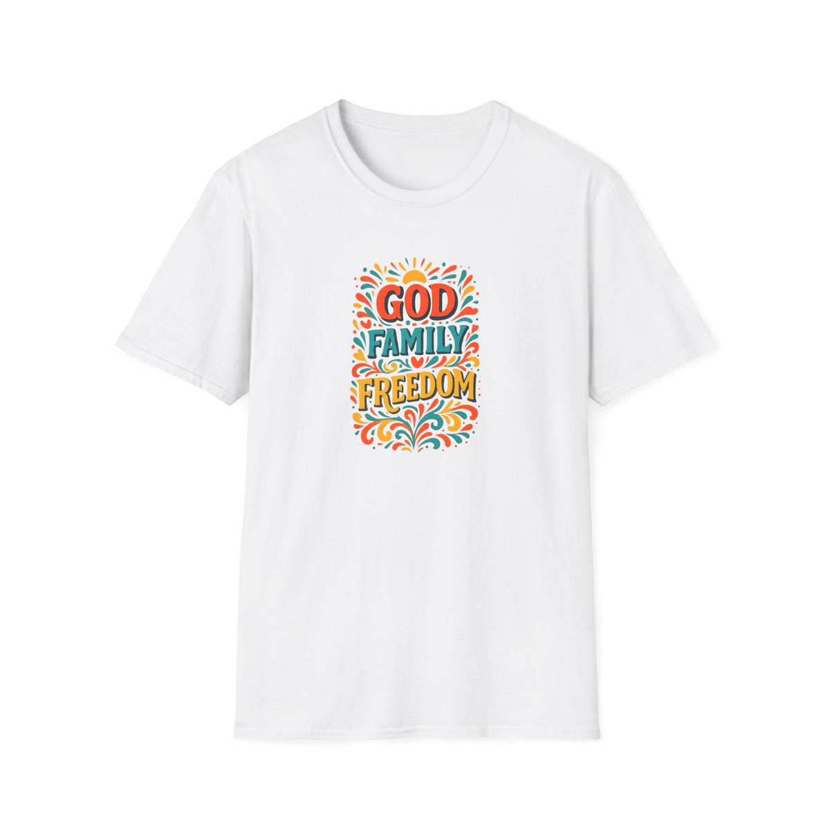 SatsandStripes.com God Family Freedom T-Shirt Colorful Religious Tee for Faith & Patriotism White