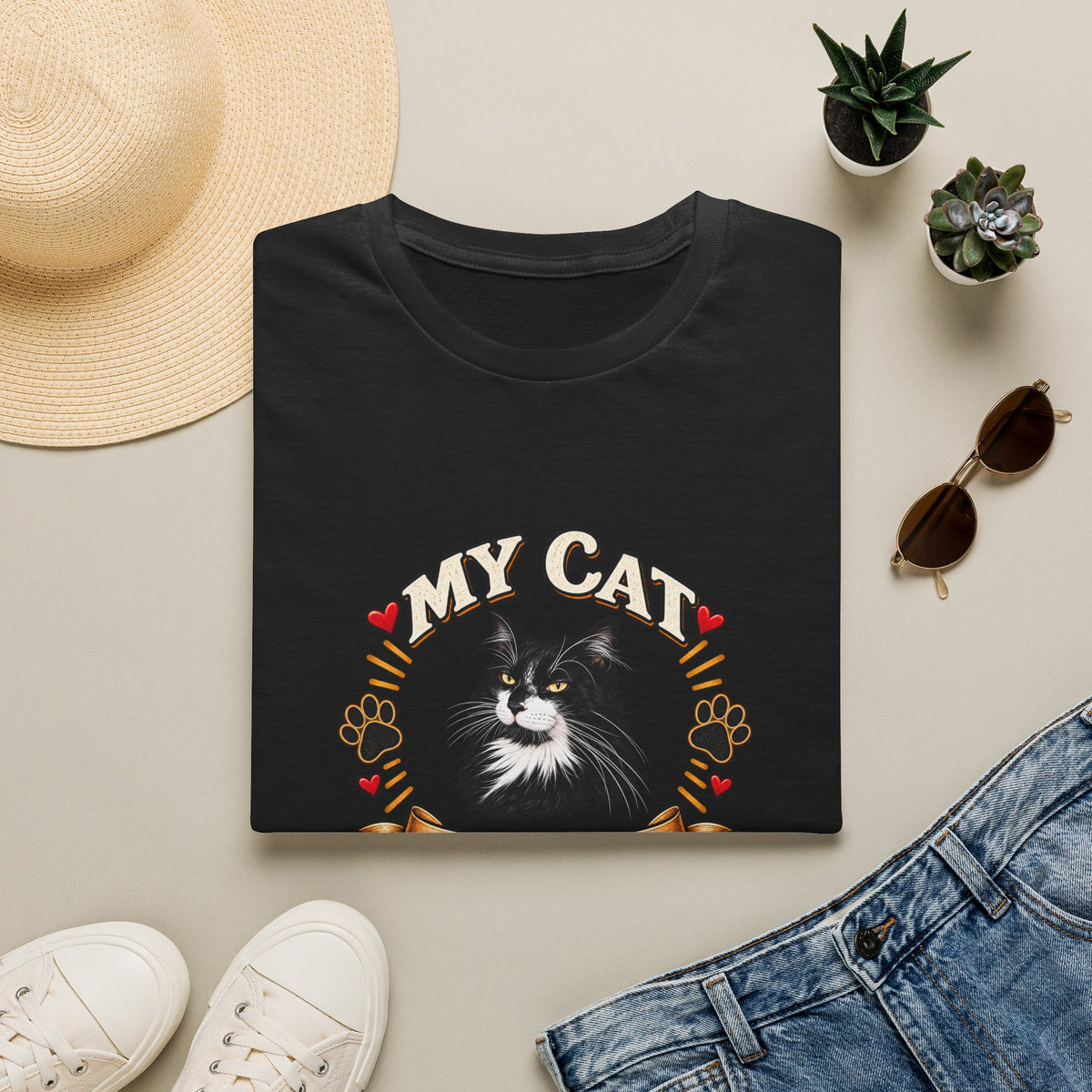SatsandStripes.com My Cat Is My Favorite Person Personalized Softstyle® T-Shirt – Custom Pet Photo Cat Lover Shirt Version 2 Black Folded