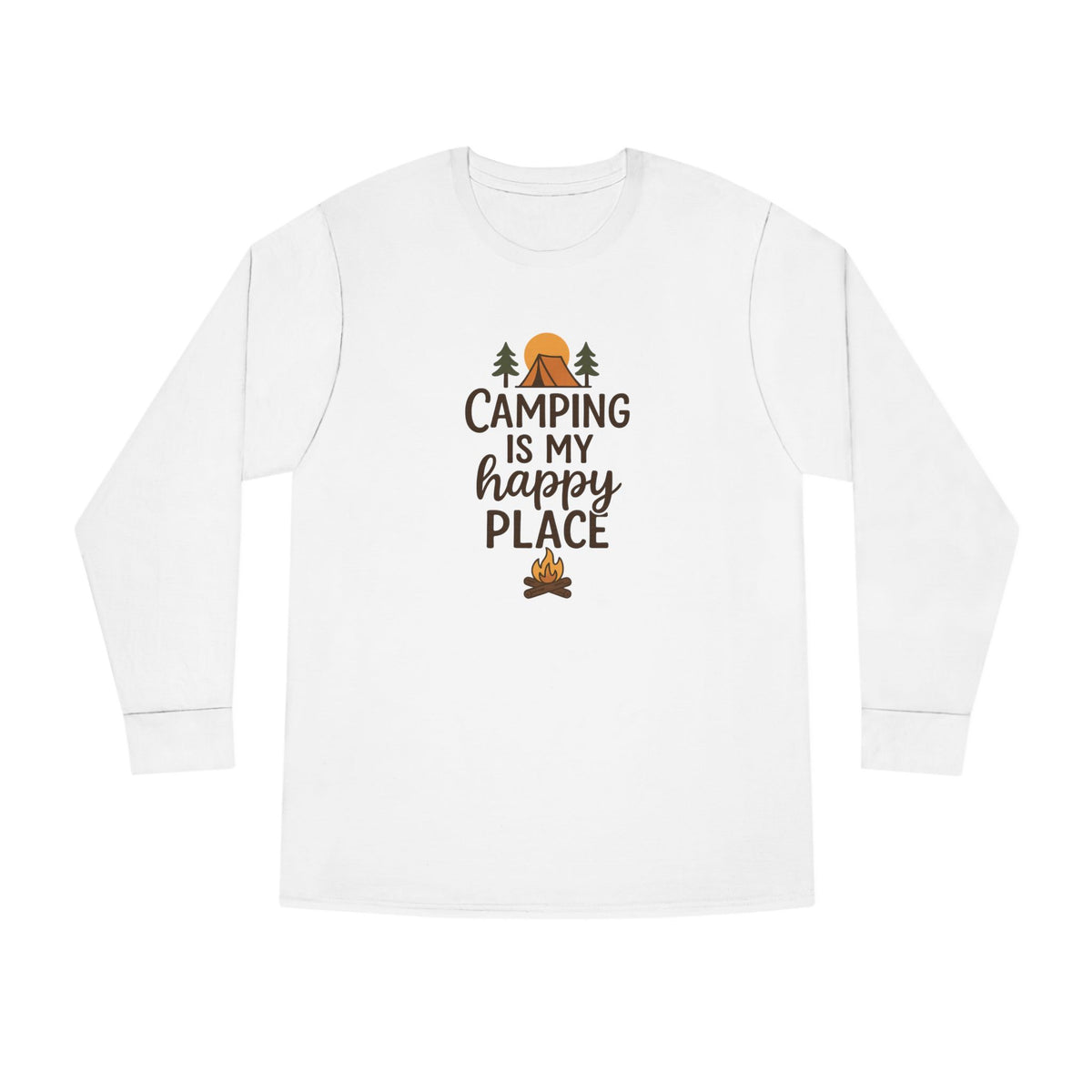 Camping Is My Happy Place Long Sleeve Tee Campfire Trees Sun Outdoor Shirt 4 colors 100% cotton