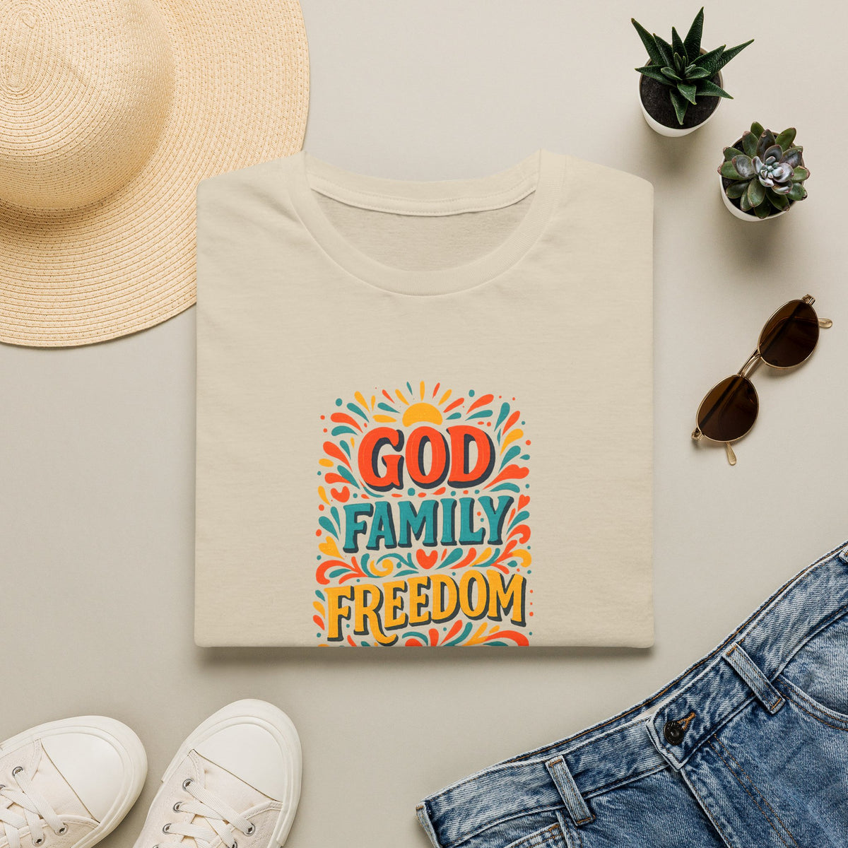 SatsandStripes.com God Family Freedom T-Shirt Colorful Religious Tee for Faith & Patriotism Sand Folded