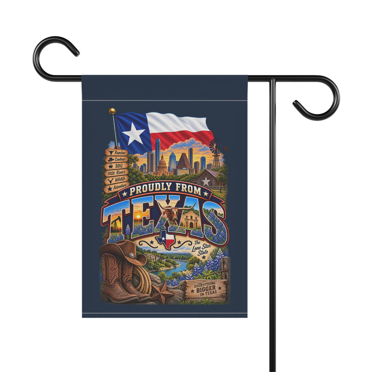 SatsandStripes.com Proudly From Texas Garden Flag 12 x 18 – Lone Star State Bluebonnets, Cowboy & Ranch Yard Decor
