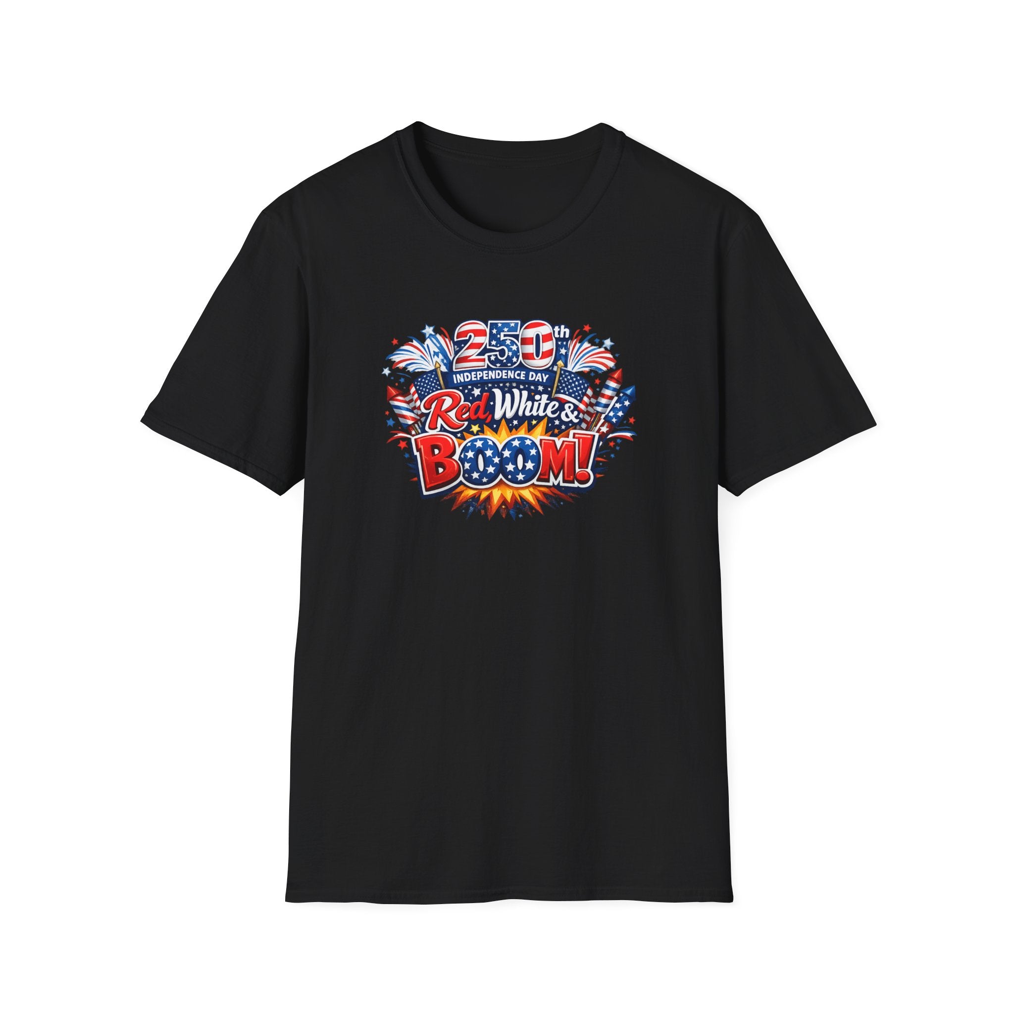 Sats and Stripes Red White & Boom 250th Anniversary Tee Patriotic 4th of July Fireworks Tee USA Black