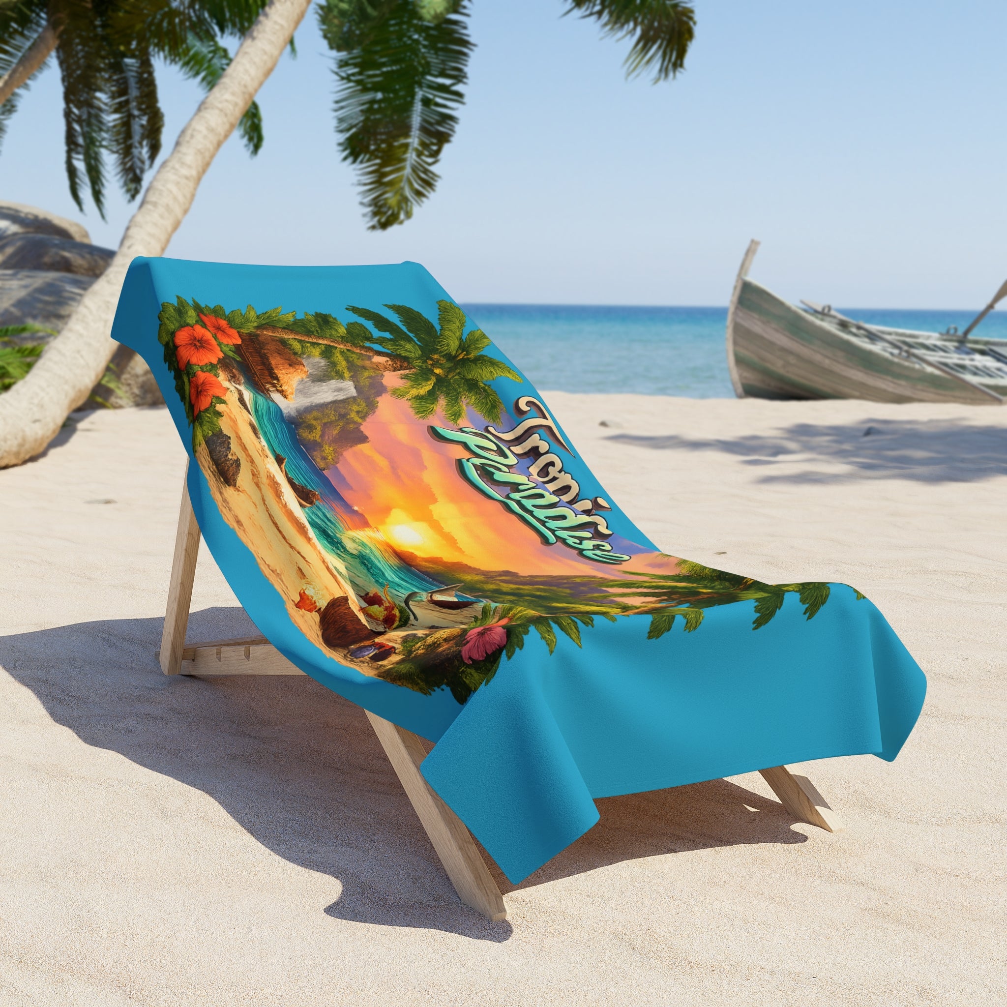 Tropisches Paradies Strandtuch Palmen, Hibiskus, Meerblick – 2 Größen