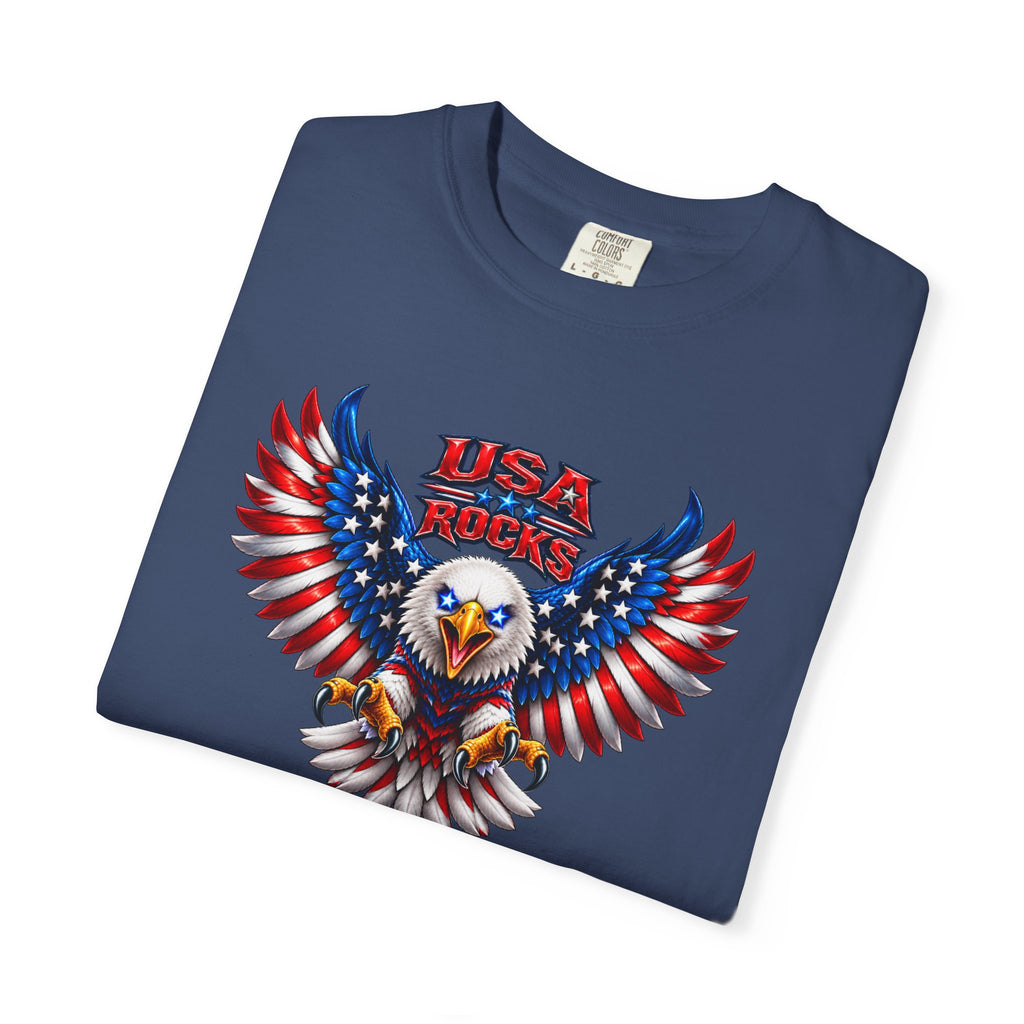 🇺🇸 USA ROCKS Garment-Dyed T-shirt– Born Free. Built Fierce. Patriotic Eagle Graphic Tee  colors - 100% cotton