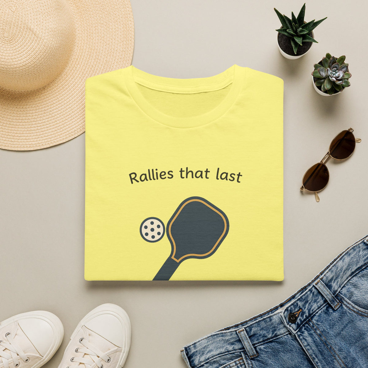 Sats and Stripes Pickleball Friends Forever T-Shirt Tee Rallies That Last Friendships That Last Longer Yellow Folded