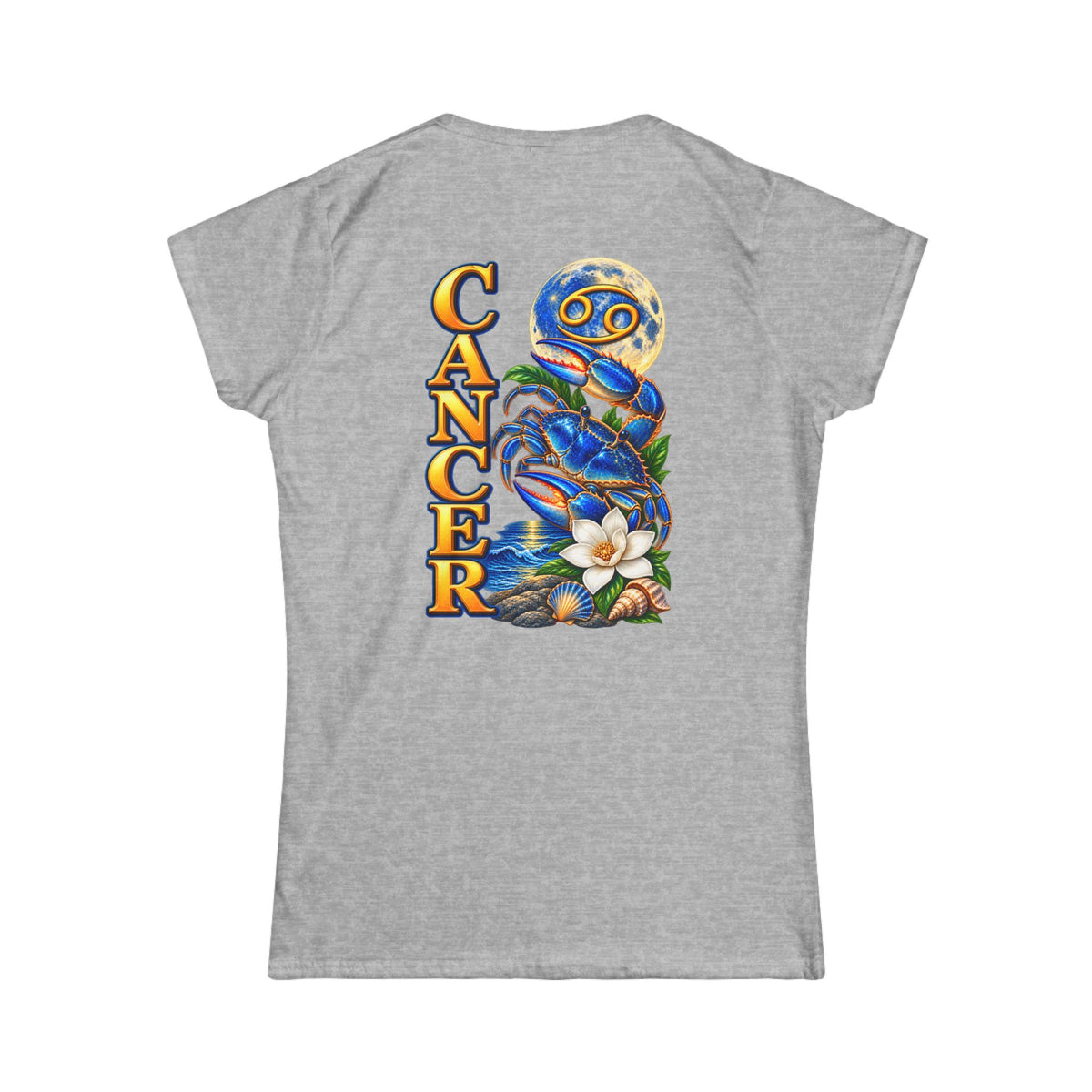 SatsandStripes.com Cancer Zodiac Women’s SoftStyle T-Shirt – Bold Crab & Moon Astrology Graphic Tee Grey