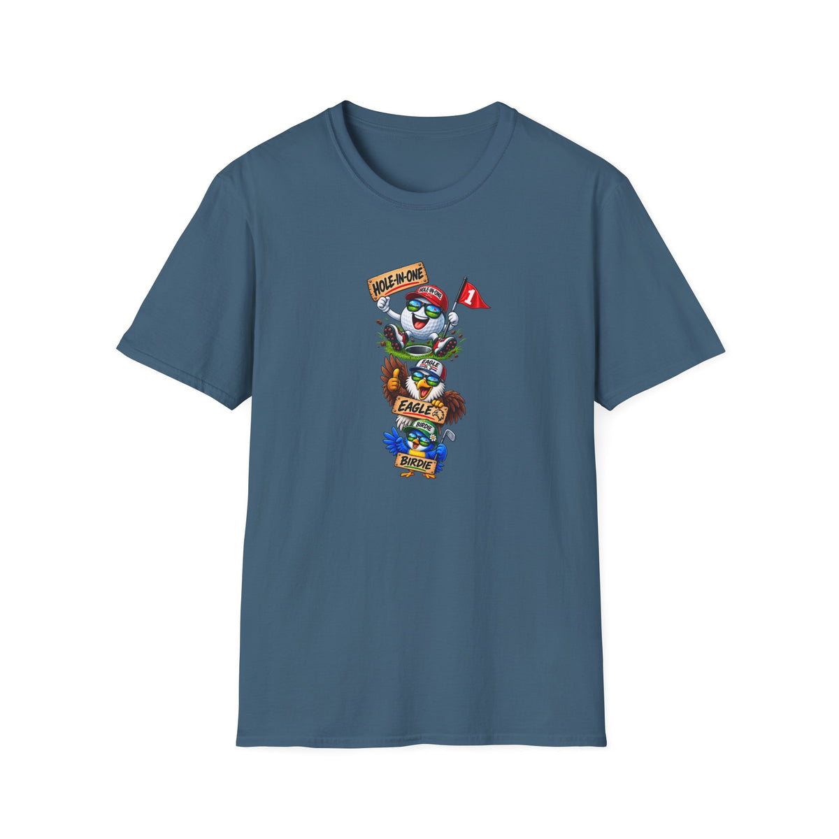 SatsandStripes.com Hole-In-One, Eagle & Birdie Funny Golf T-Shirt – Golfer Graphic Tee Indigo Blue