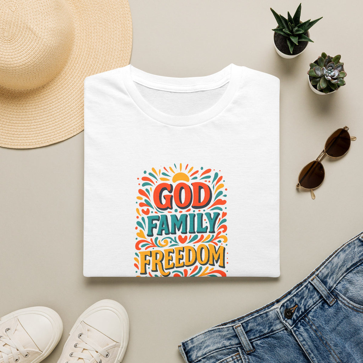 SatsandStripes.com God Family Freedom T-Shirt Colorful Religious Tee for Faith & Patriotism White Folded