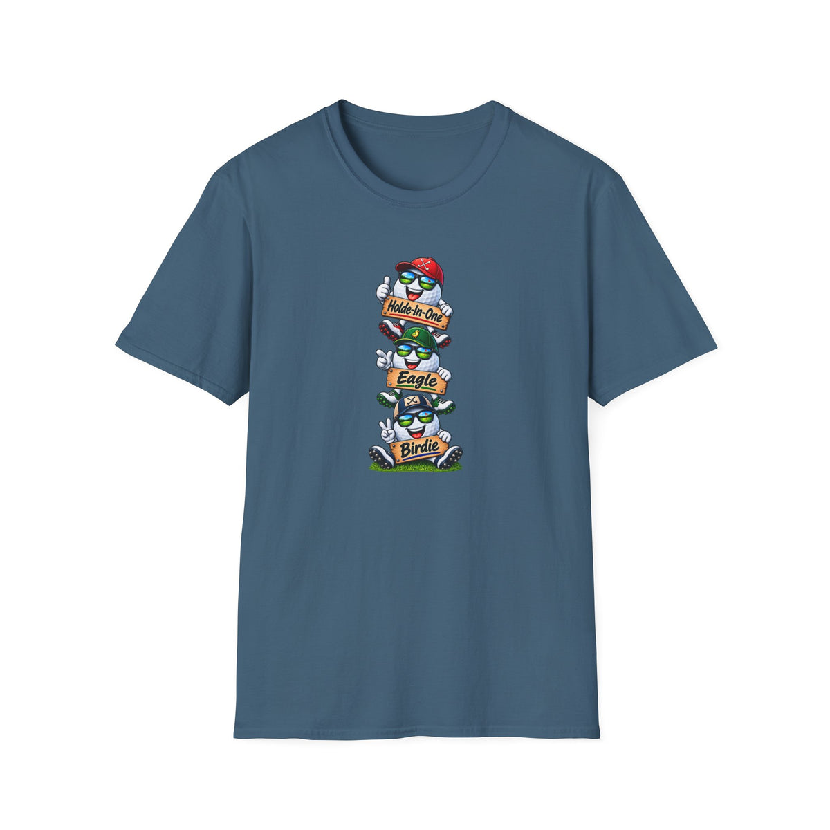 SatsandStripes.com Hole-In-One, Eagle & Birdie Golf T-Shirt – Funny Golfer Graphic Tee Indigo Blue