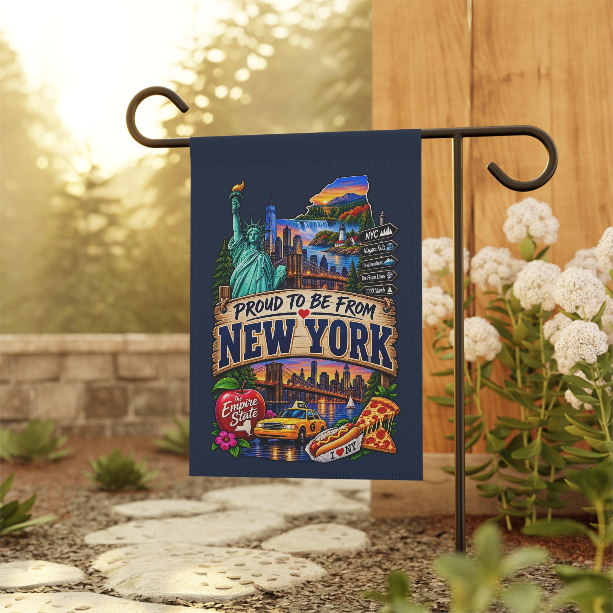 SatsandStripes.com Proud to Be From New York Garden Flag – Empire State NYC, Niagara Falls & Adirondacks Yard Décor 12 x 18