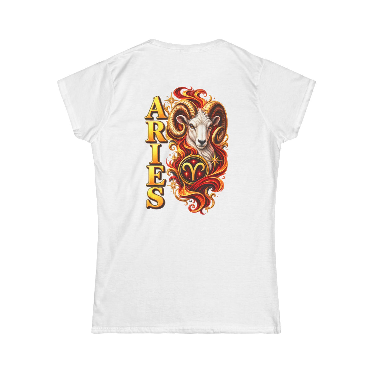 SatsandStripes.com Aries Zodiac Women’s SoftStyle T-Shirt – Bold Ram Back Print Astrology Tee White