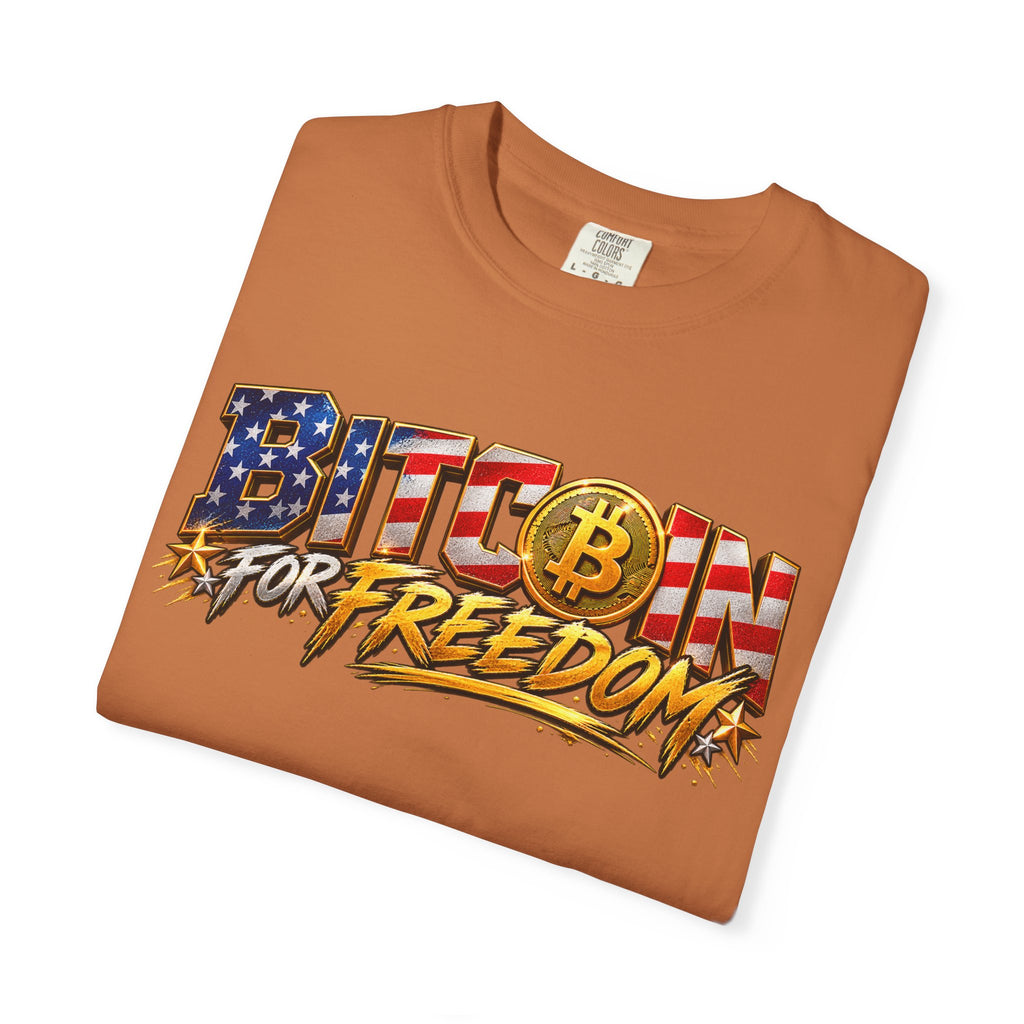SatsandStripes.com BITCOIN FOR FREEDOM – Patriotic Bitcoin T-Shirt | American Flag Crypto Tee | Freedom & Financial Independence Unisex Shirt Yam Folded