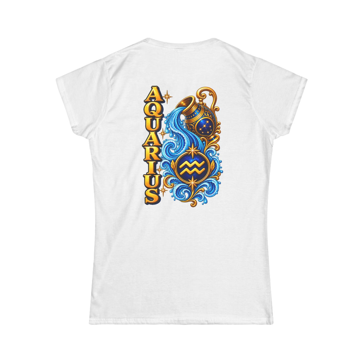 SatsandStripes.com Aquarius Zodiac Women’s SoftStyle T-Shirt – Water Bearer Astrology Tee, Celestial Back Print Shirt White