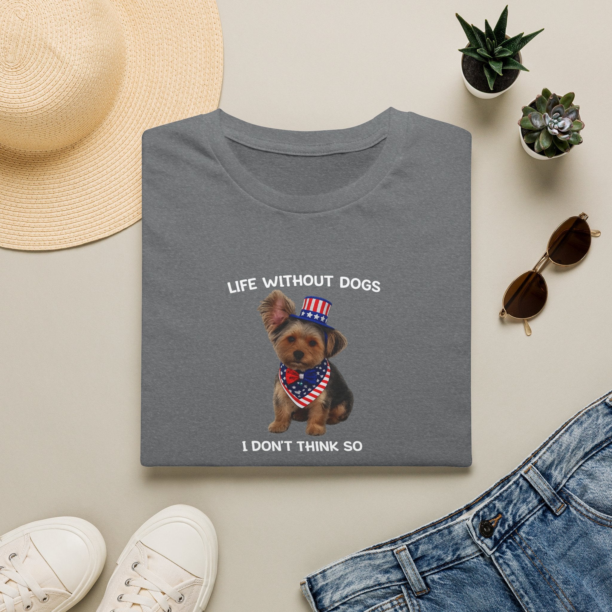 Sats and Stripes Life Without Dogs I Don't Think So Patriotic Yorkie T-Shirt Grey