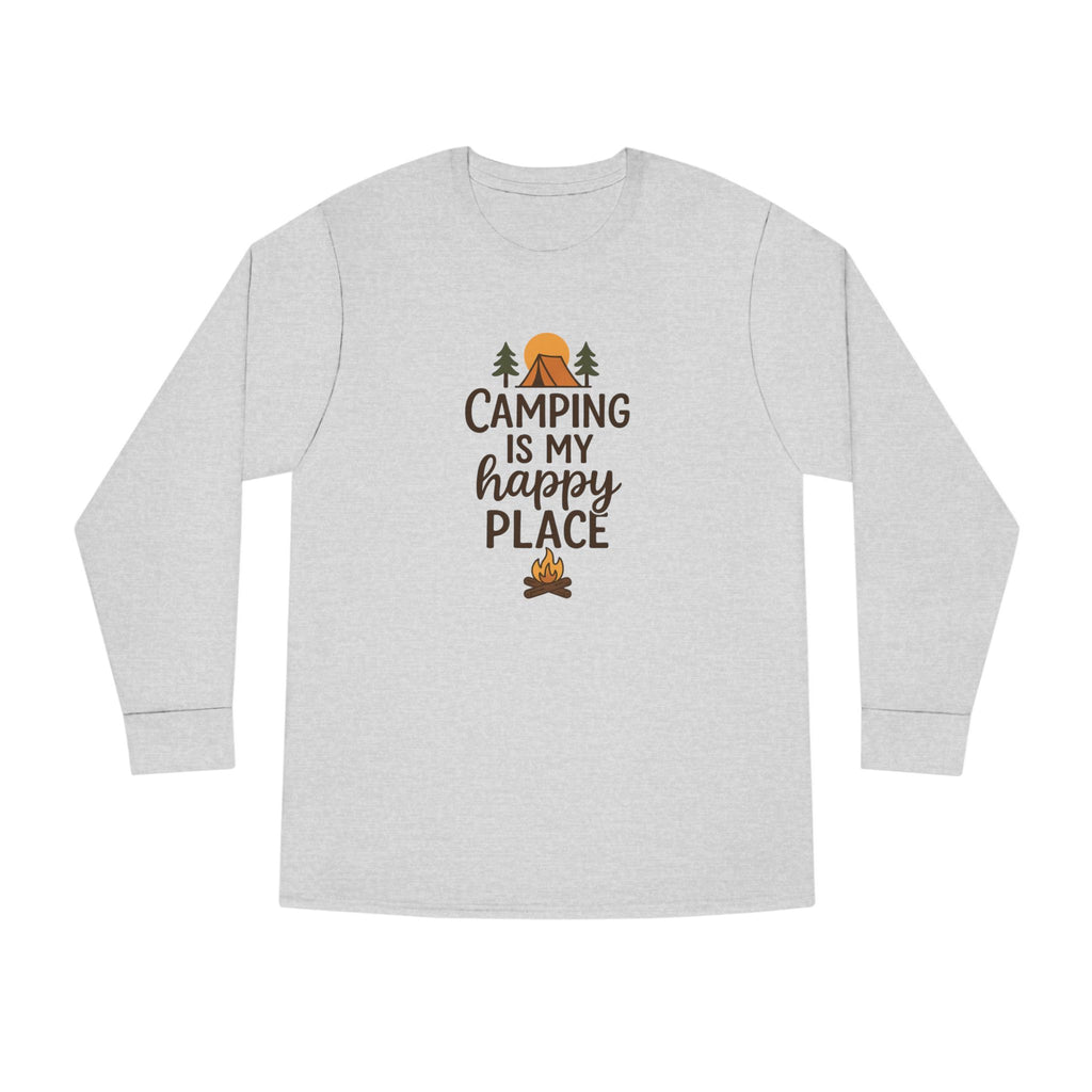 Camping Is My Happy Place Long Sleeve Tee Campfire Trees Sun Outdoor Shirt 4 colors 100% cotton