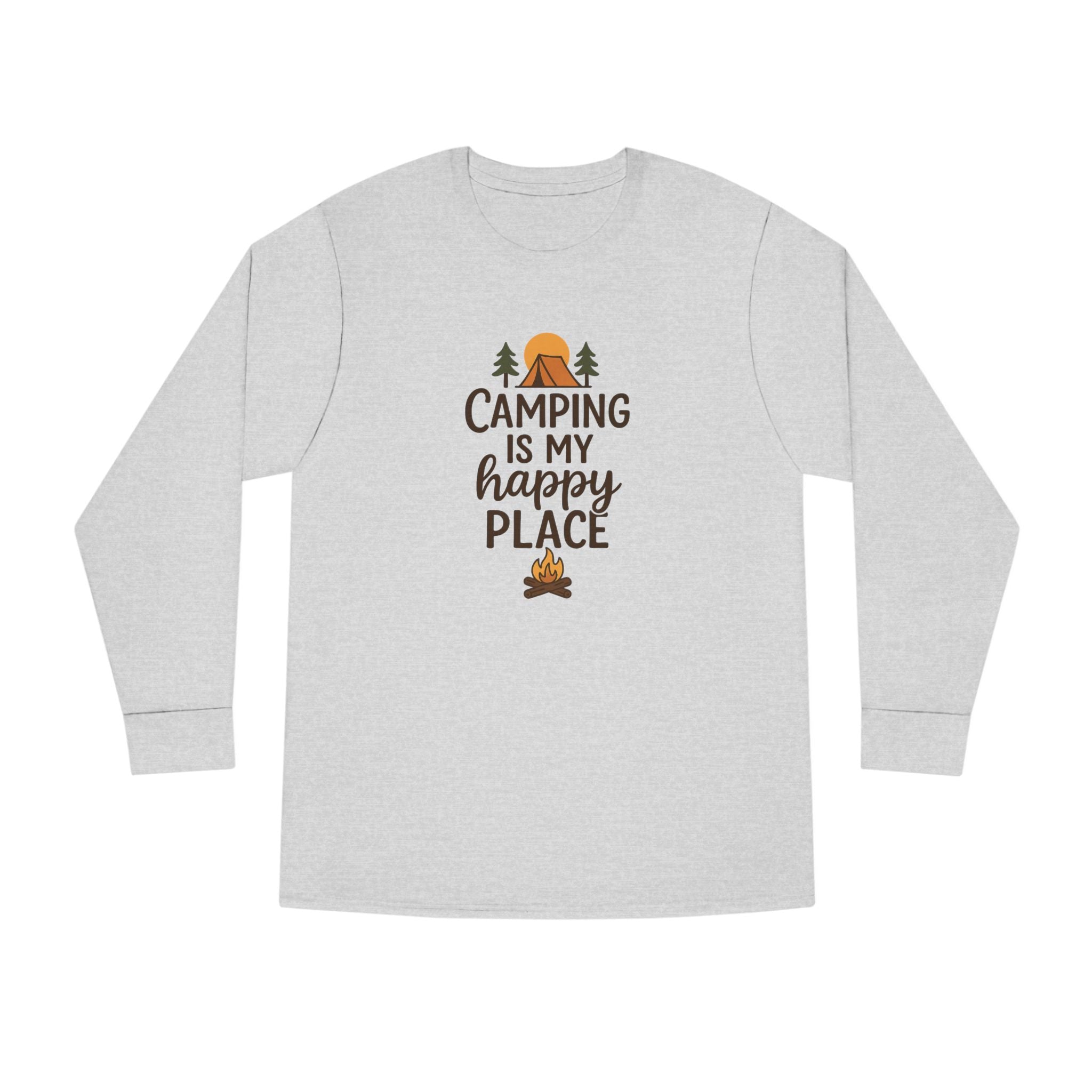 Camping Is My Happy Place Long Sleeve Tee Campfire Trees Sun Outdoor Shirt 4 colors 100% cotton