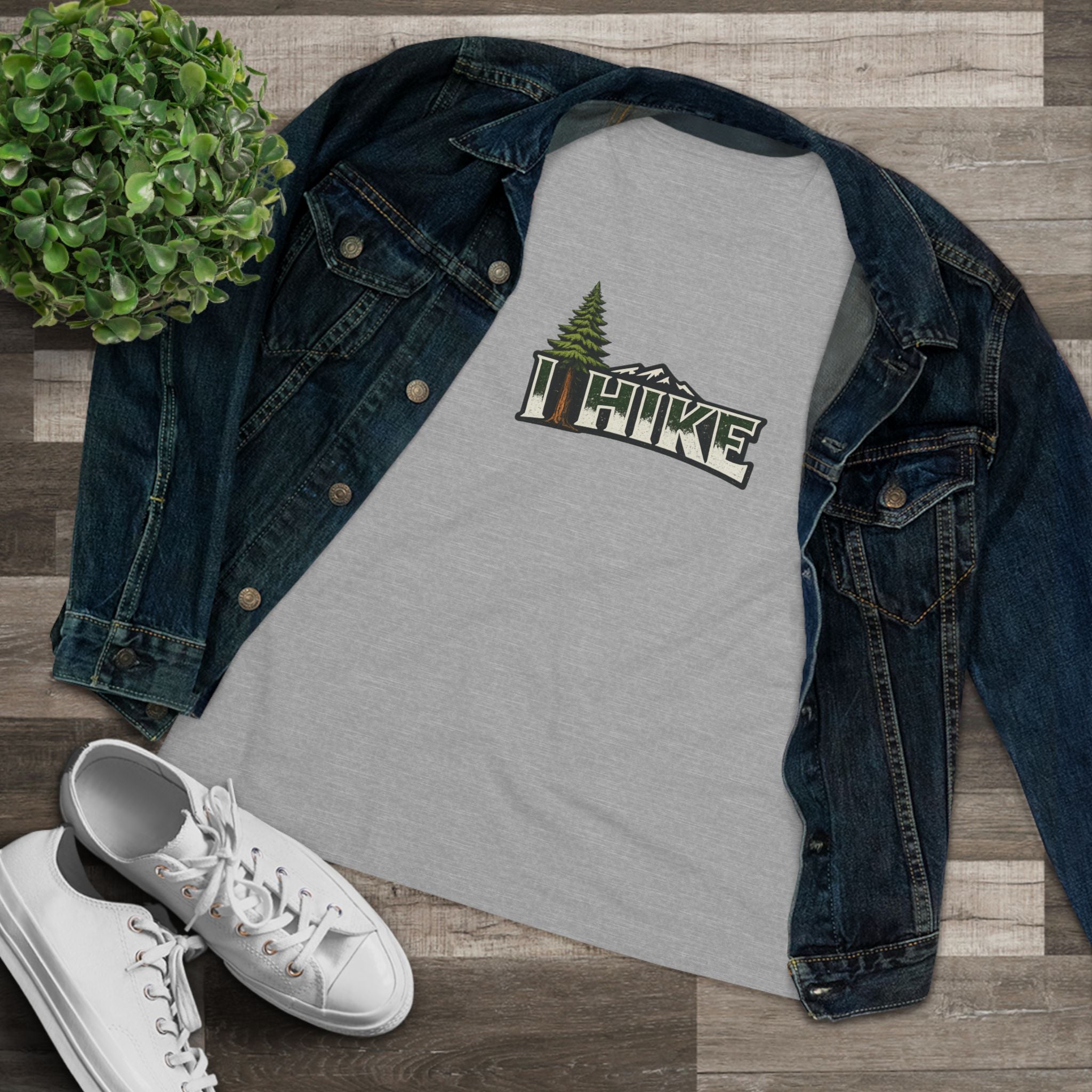 Sats and Stripes I Hike Shirt Vintage Mountain Hiking T-Shirt Outdoor Nature Lover Tee Gift for Hikers Grey with Jean Jacket
