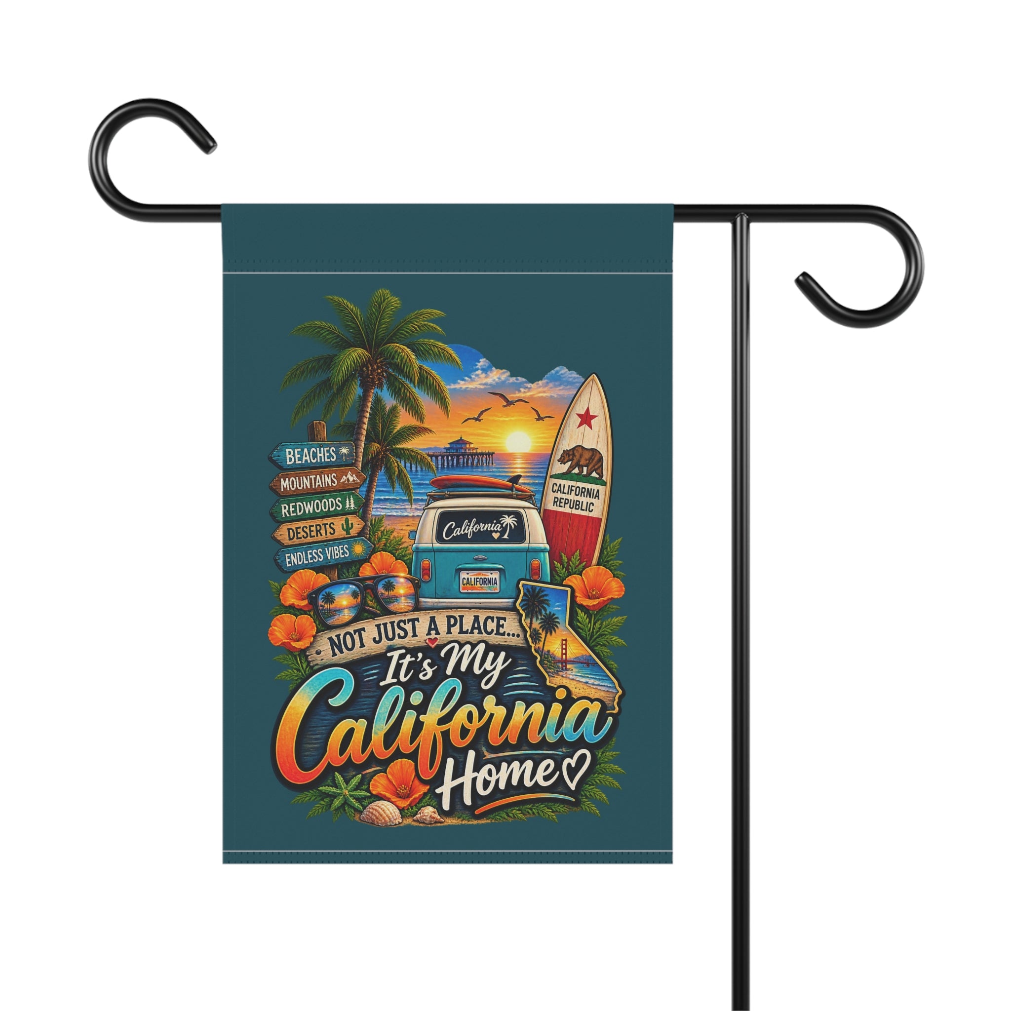 Satsandtripes.com California Is Home Garden Flag – Golden State Beach, Mountains & Redwoods Outdoor Yard Decor 12 x 18