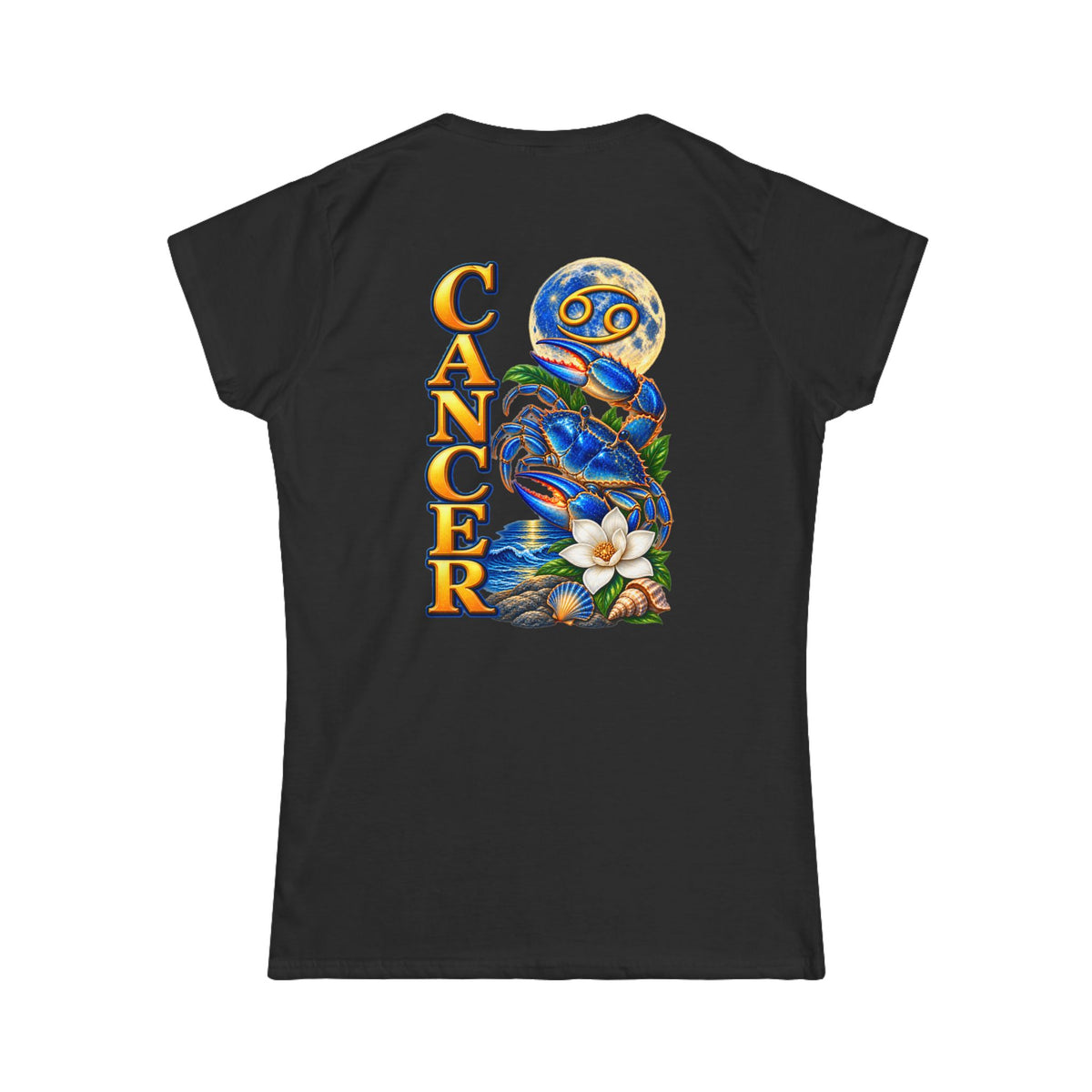SatsandStripes.com Cancer Zodiac Women’s SoftStyle T-Shirt – Bold Crab & Moon Astrology Graphic Tee Black