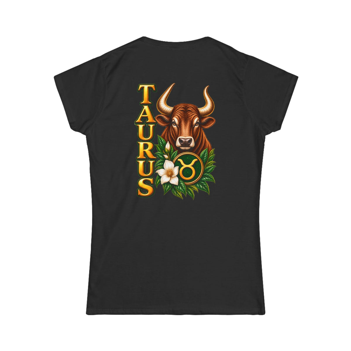SatsandStripes.com Taurus Zodiac Women’s T-Shirt – Bold Bull Astrology Tee with Floral Zodiac Symbol Black