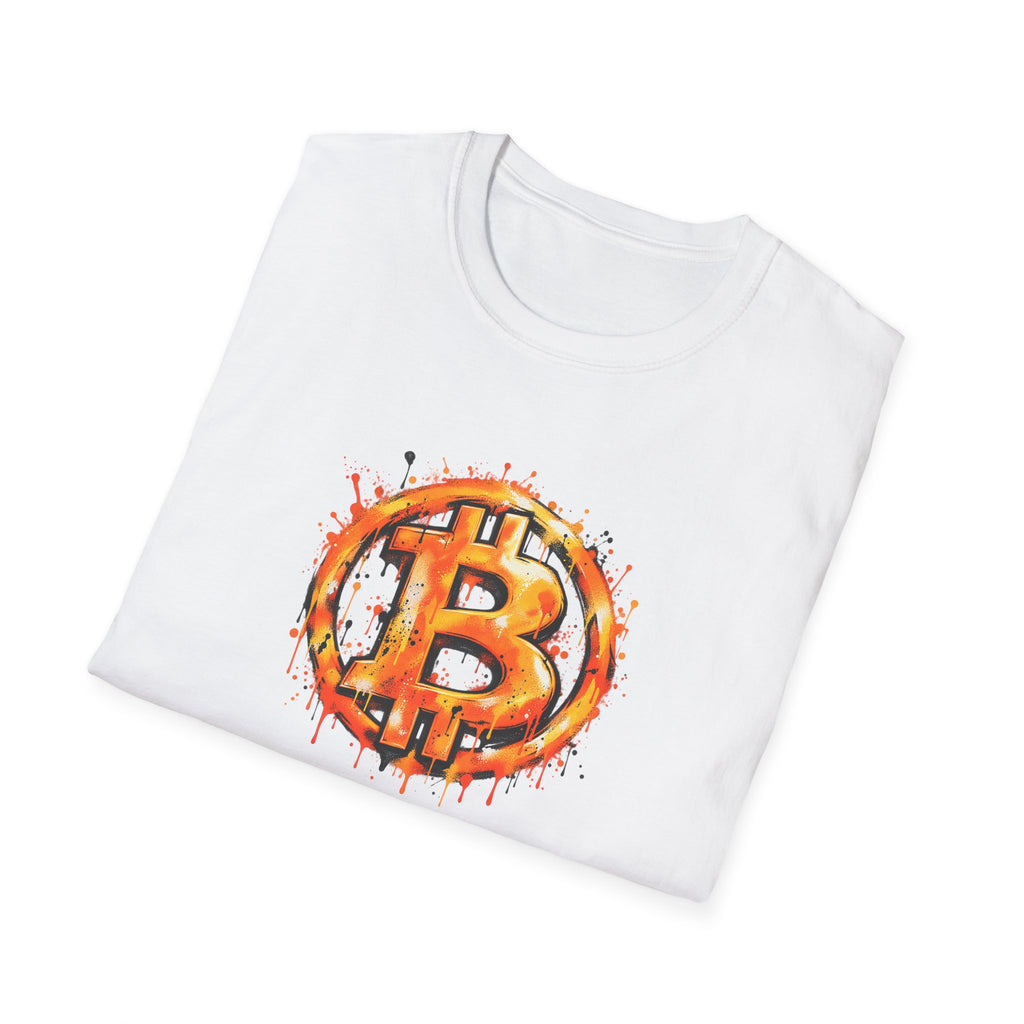 SatsandStripes.com Bitcoin Graffiti Spray Paint Softstyle® T-Shirt  Bold BTC Street Art Graphic Tee White Folded