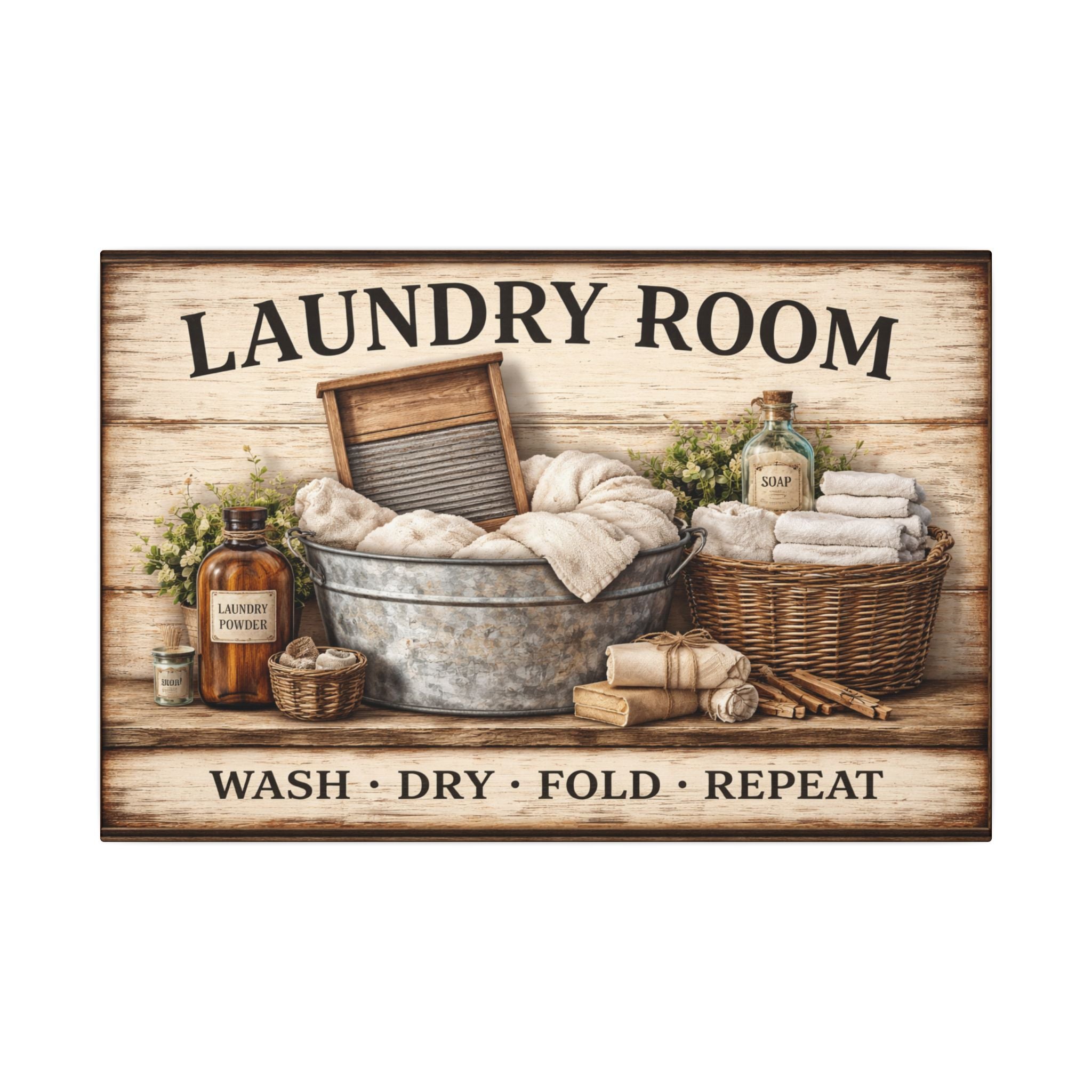 Rustic Laundry Room Wall Art Canvas Wash Dry Fold Repeat Farmhouse Laundry Sign Vintage Laundry Decor Wall Hanging 18 x 12
