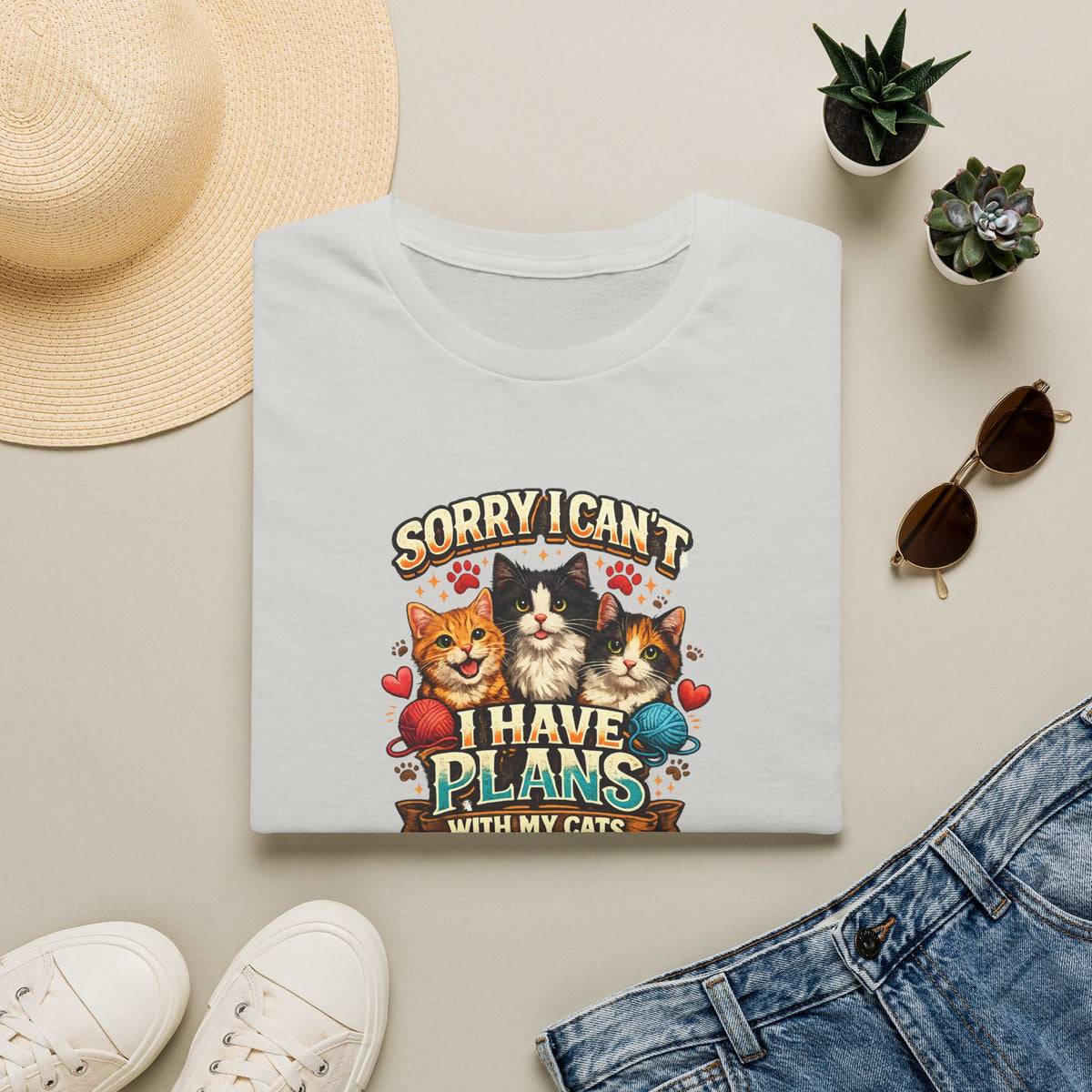 SatsandStripes.com Sorry I Can't I Have Plans With My Cats Expressive Cat Lover T-Shirt Funny Cat Mom Tee Cute Cat Shirt 