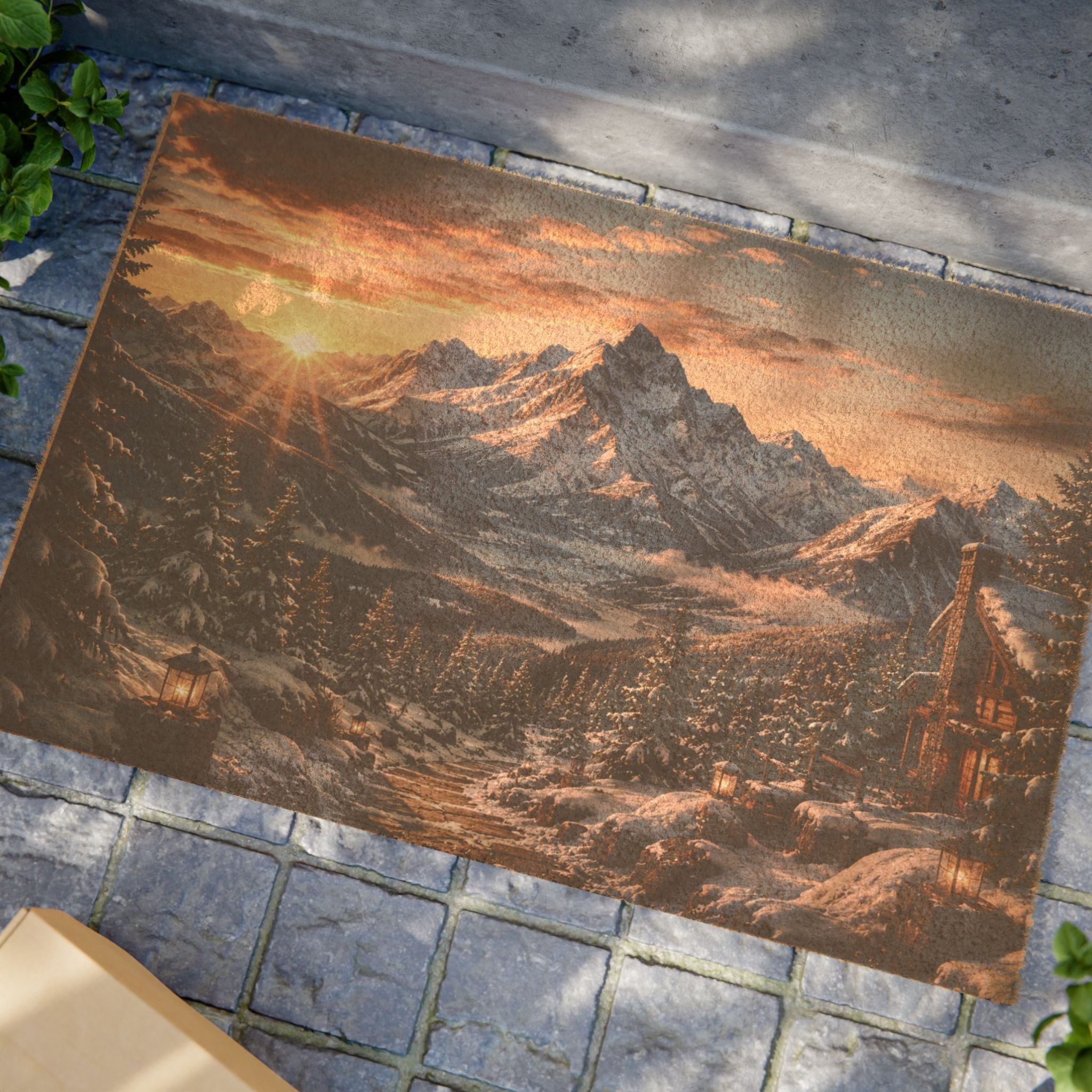 Rustic Snowy Mountain Sunrise Coir Doormat  Winter Cabin Welcome Mat 24" x 16" Outdoor Entry Rug