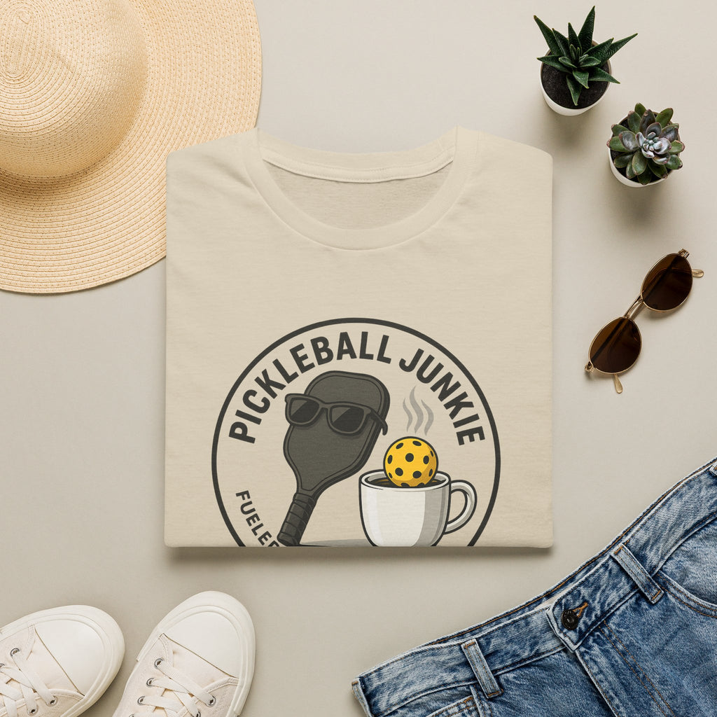 Sats and Stripes Pickleball Junkie Tee Fueled by Coffee & Dinks Sand Folded