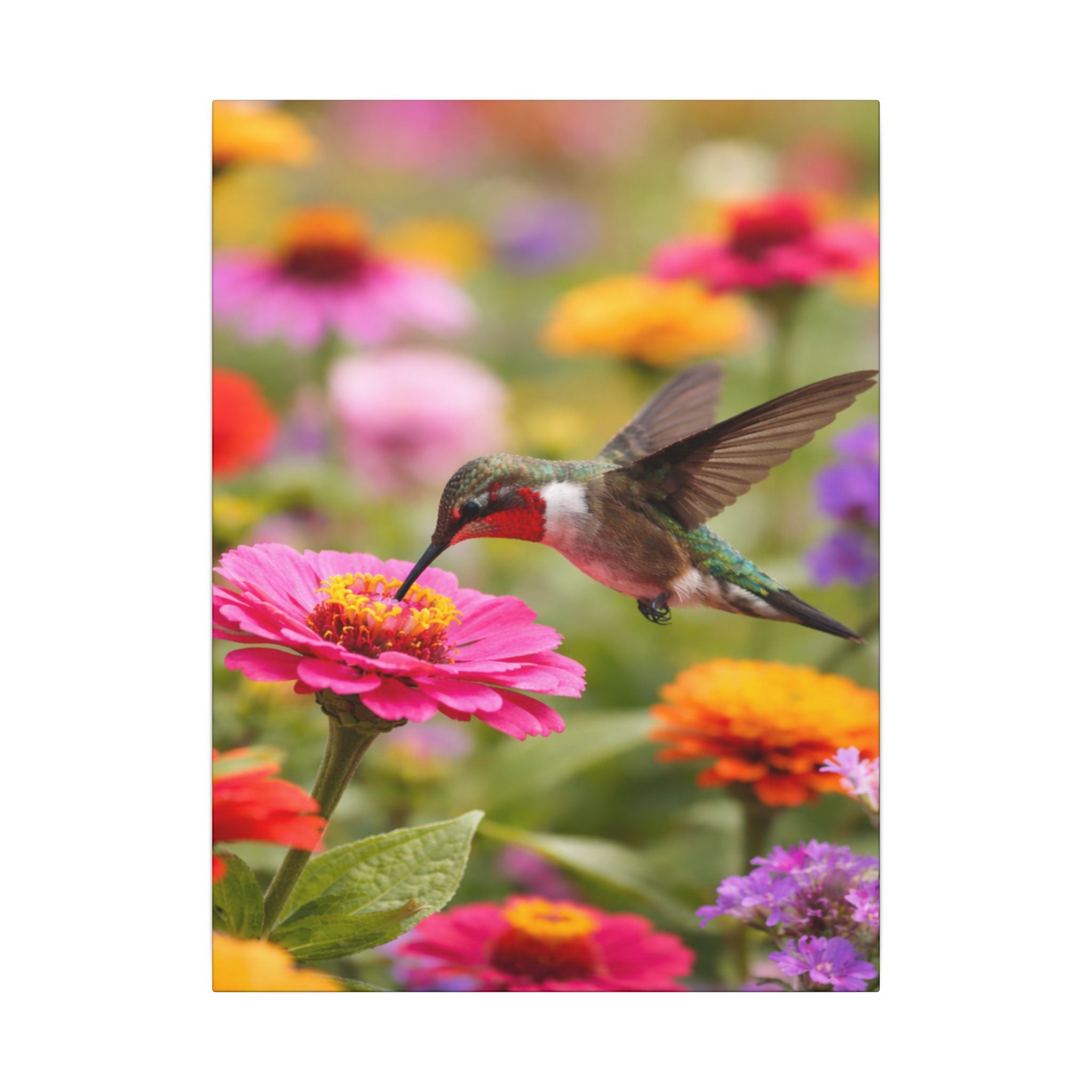 Hummingbird Flower Canvas Print Colorful Garden Wall Art Nature Bird Canvas Decor 18" x 24"
