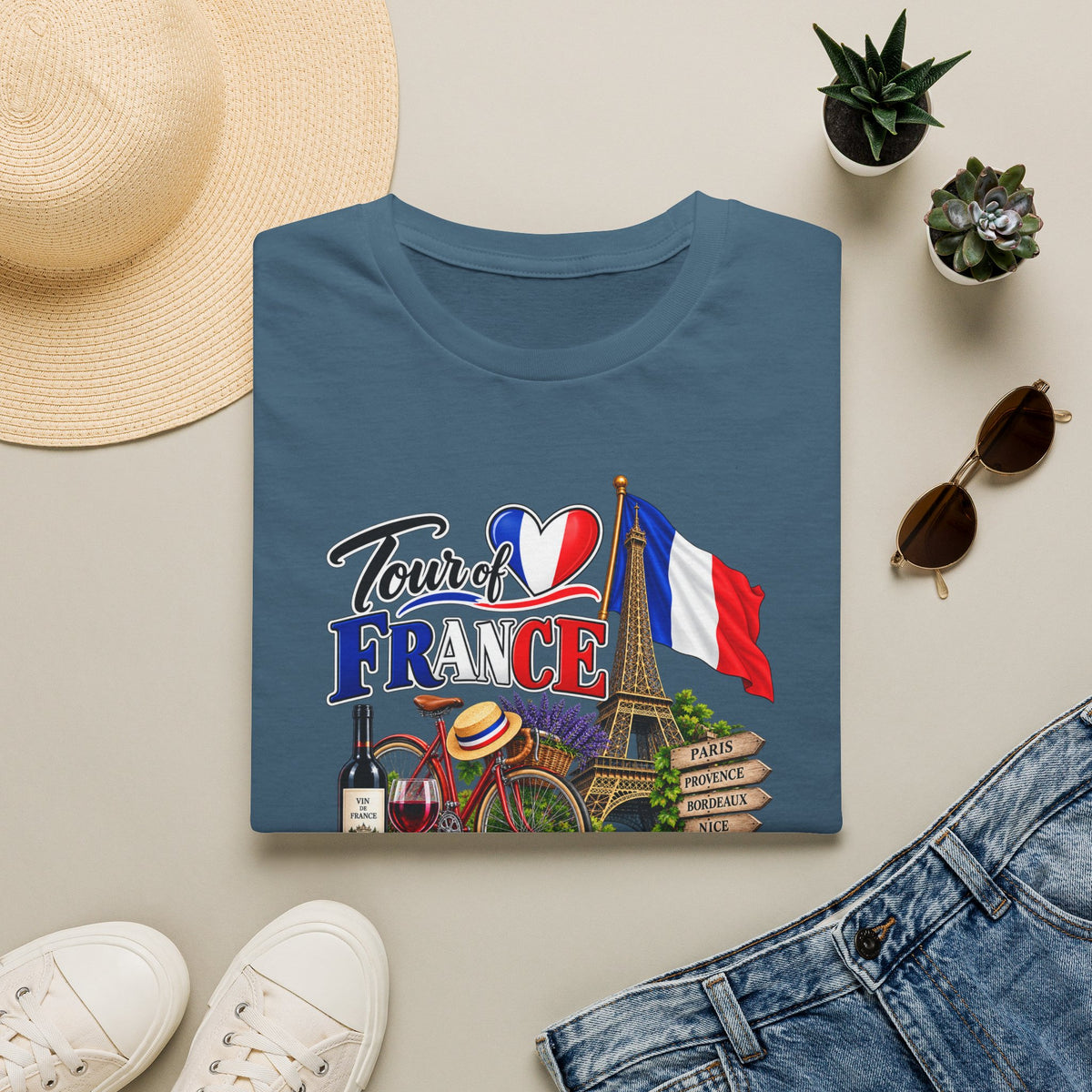 SatsandStripes.com Tour of France Softstyle® T-Shirt – Paris Eiffel Tower French Travel Graphic Tee Indigo Blue Folded