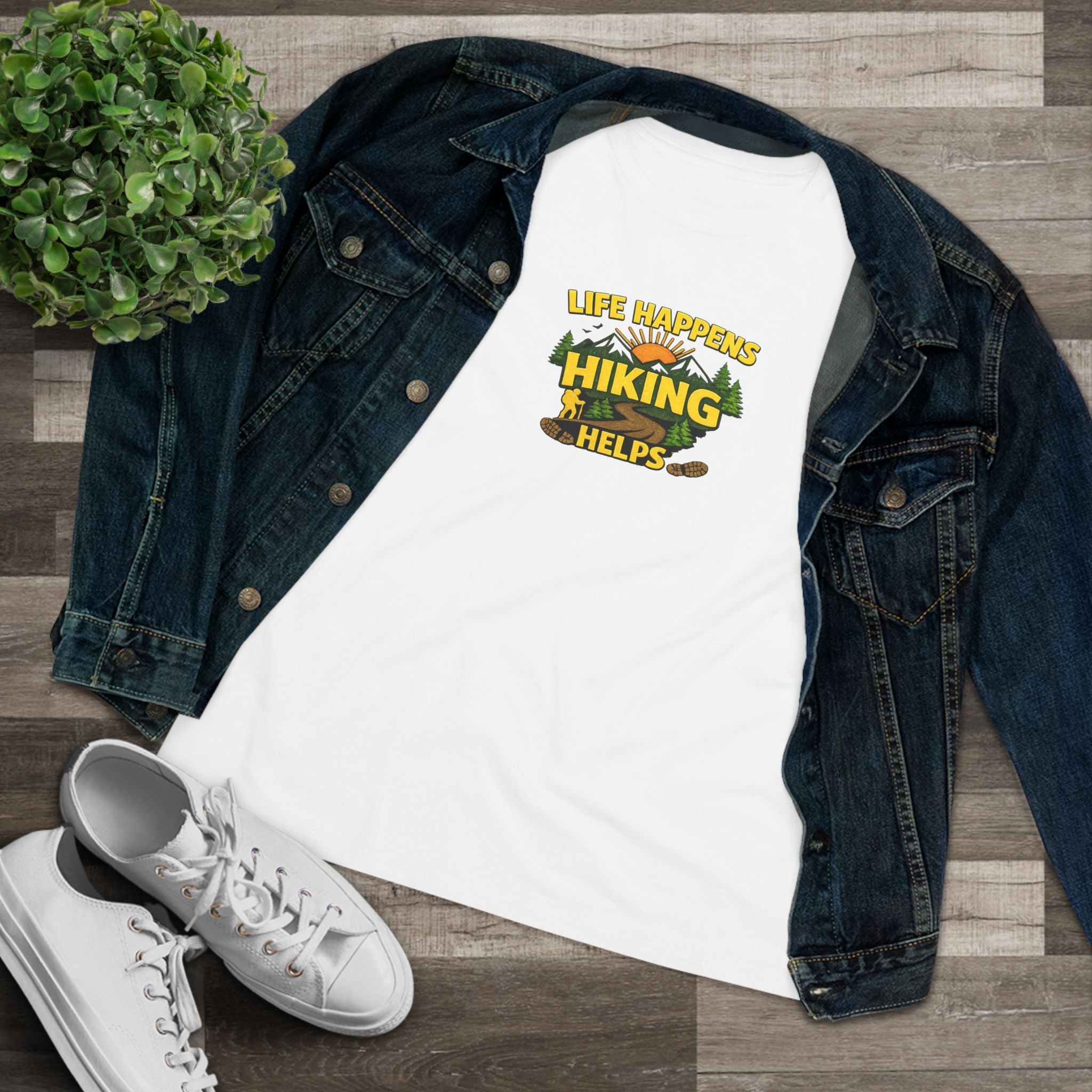 Sats and Stripes Life Happens Hiking Helps Shirt Women's Hiking Lover Tee Nature Lover Gift White with Jean Jacket