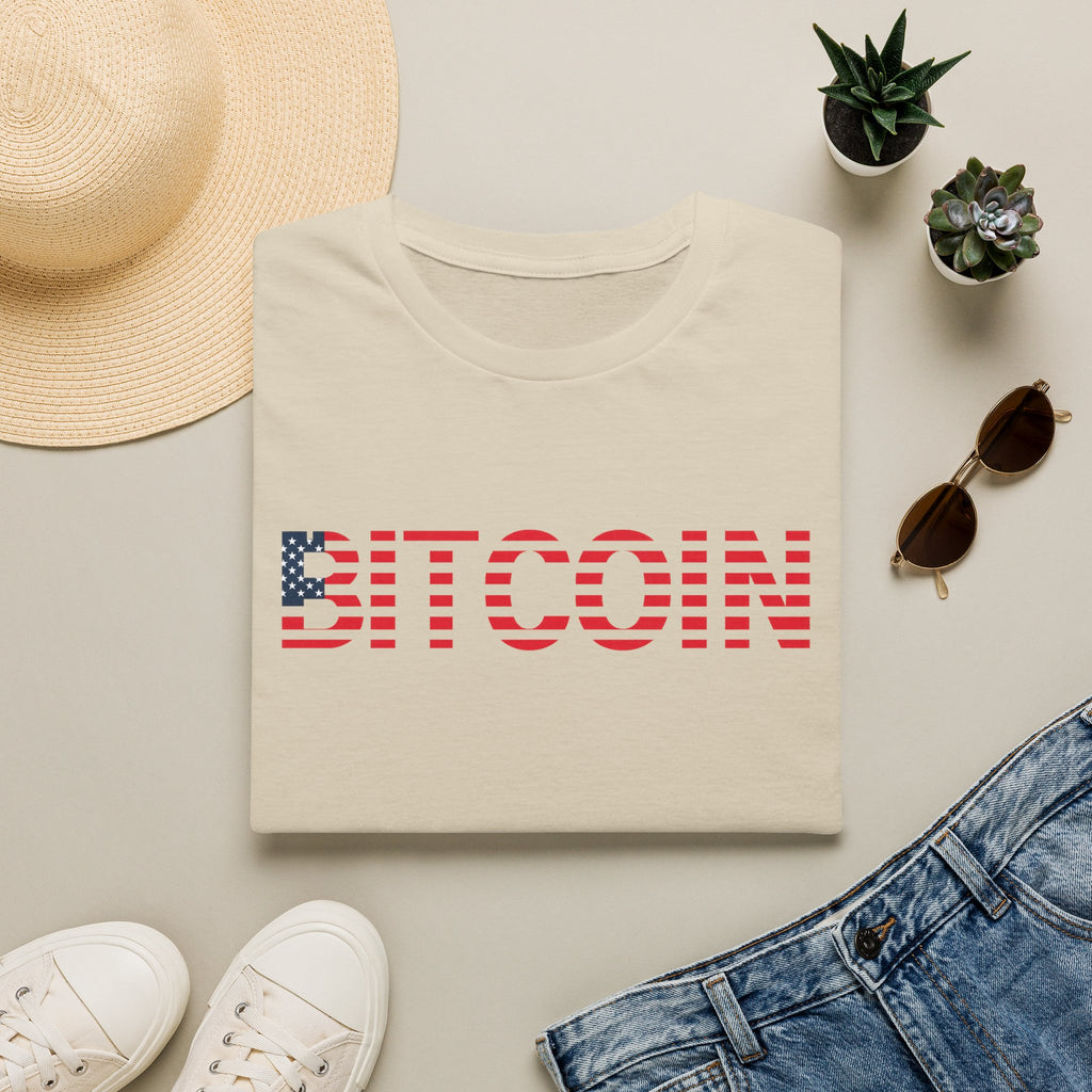 Sats and Stripes Patriotic Bitcoin & Freedom Stars Stripes and Sound Money T-shirt Beige Folded