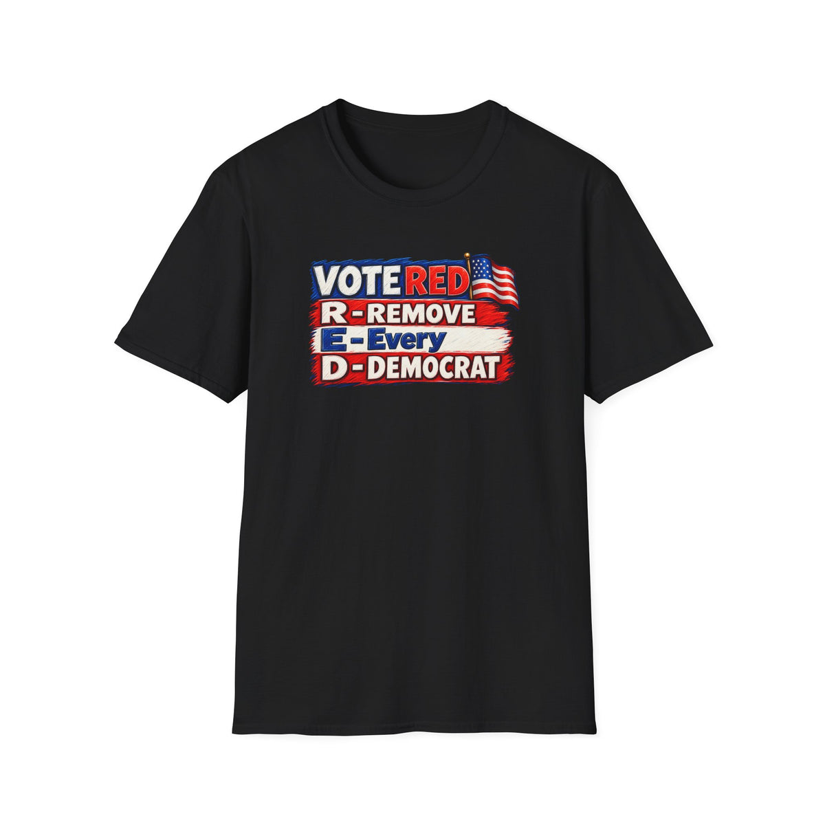 SatsandStripes.com Vote Red R.E.D. Political Graphic Softstyle® T-Shirt – Patriotic Red White & Blue Statement Tee Black