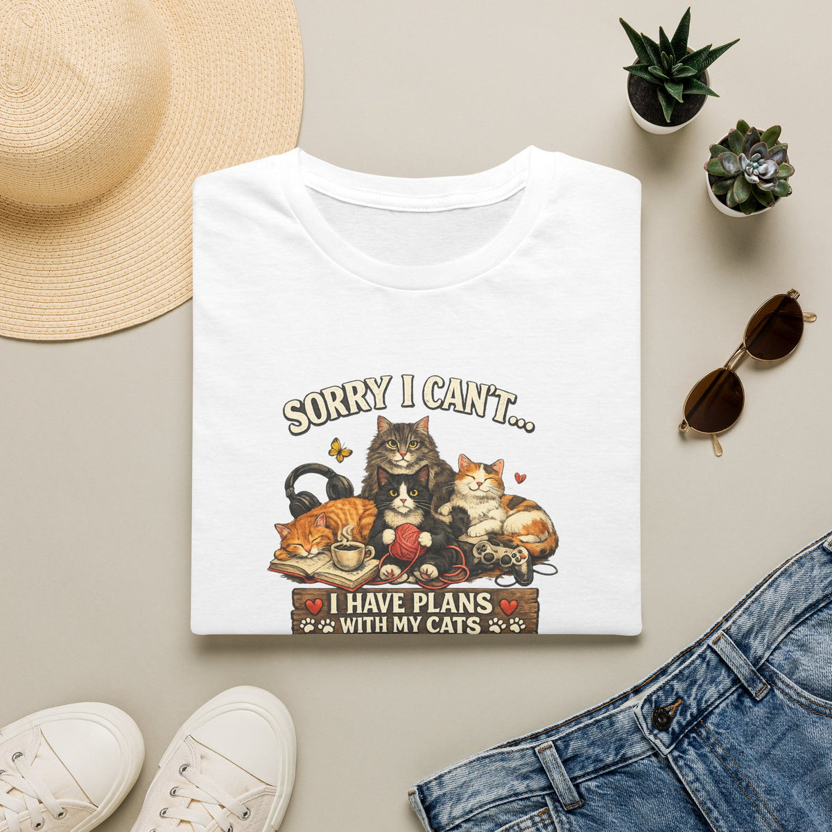Sorry I Can't Have Plans With My Cats SatsandStripes.com T-Shirt Cat Mom Tee Pet Lover Gift Cute Cat Graphic Tee White Folded